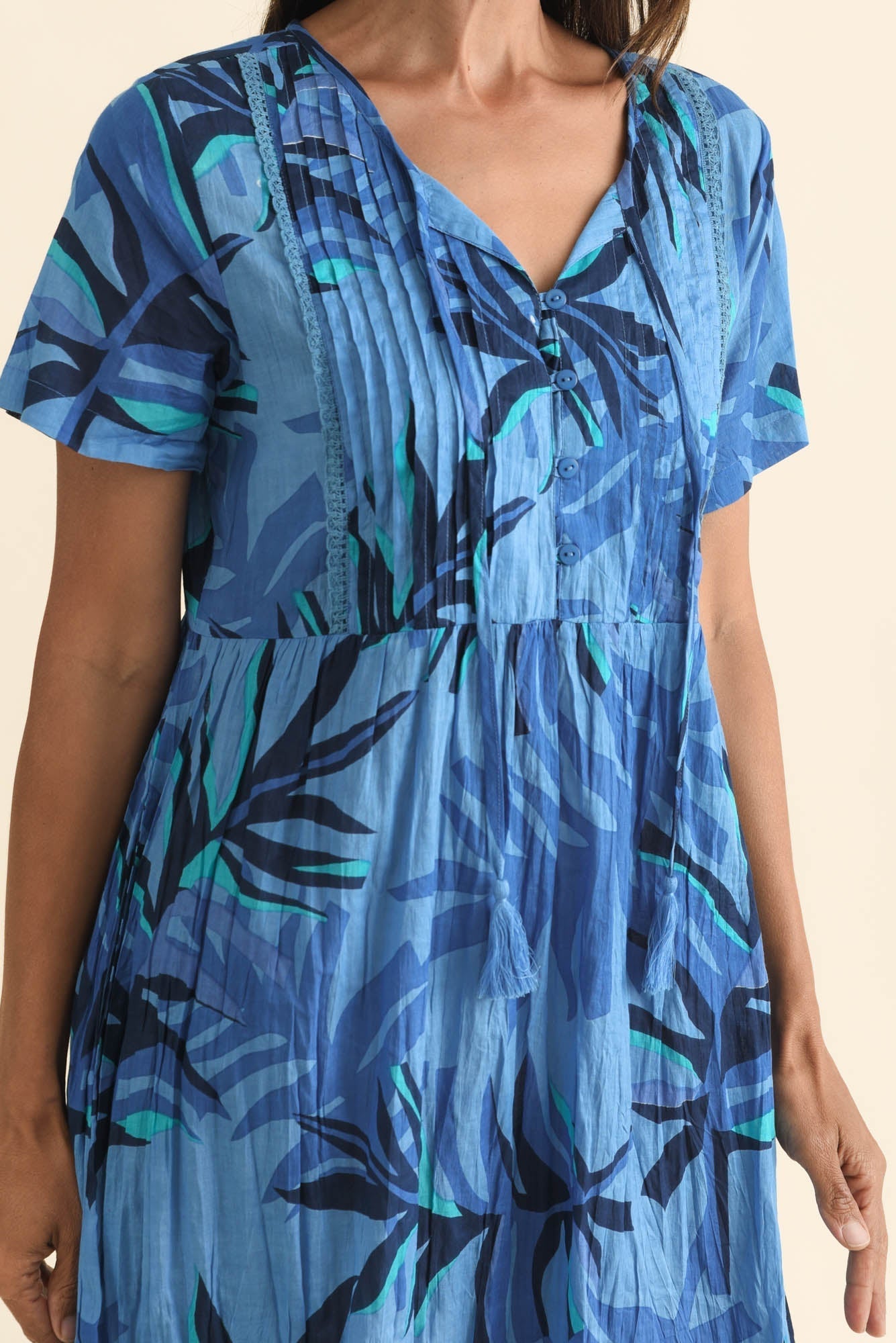 Marisol Blue Leaf Crinkle Cotton Dress