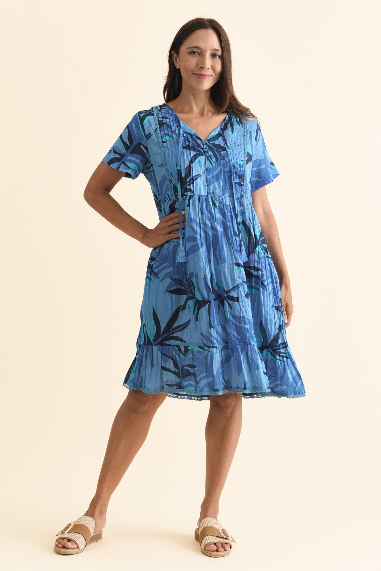 Marisol Blue Leaf Crinkle Cotton Dress
