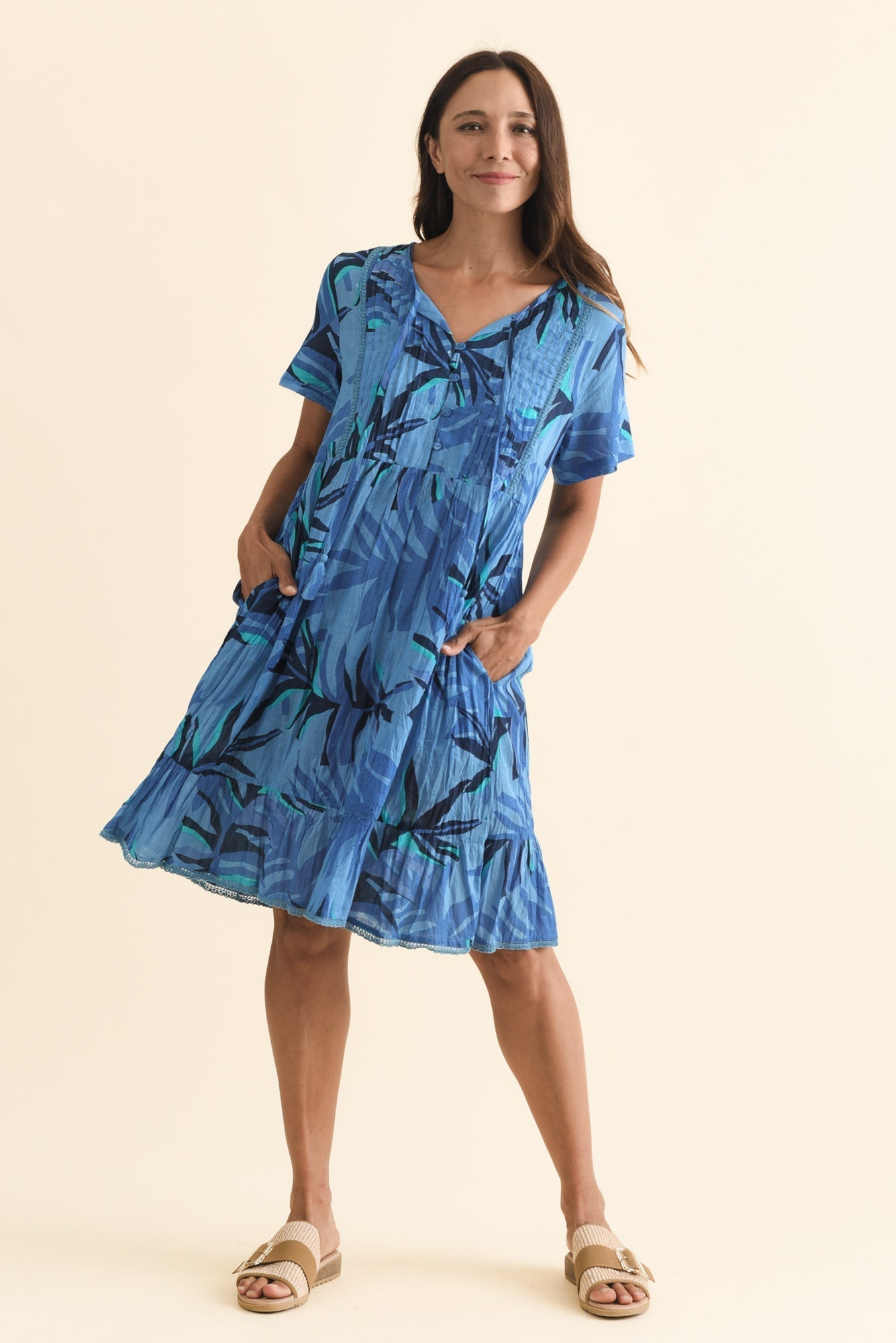 Marisol Blue Leaf Crinkle Cotton Dress
