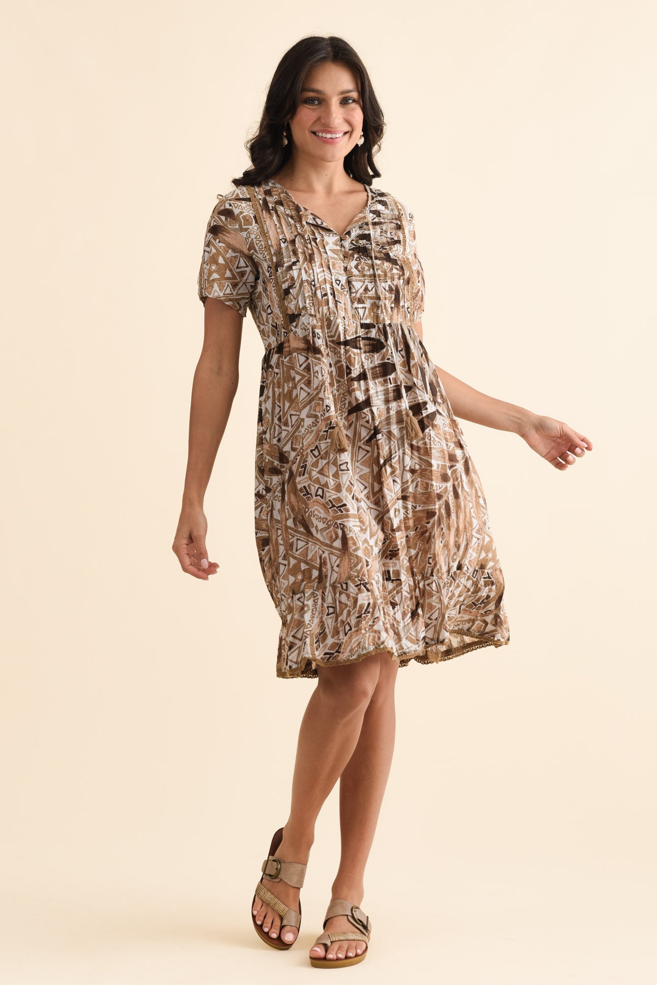 Marisol Brown Aztec Leaf Crinkle Cotton Dress