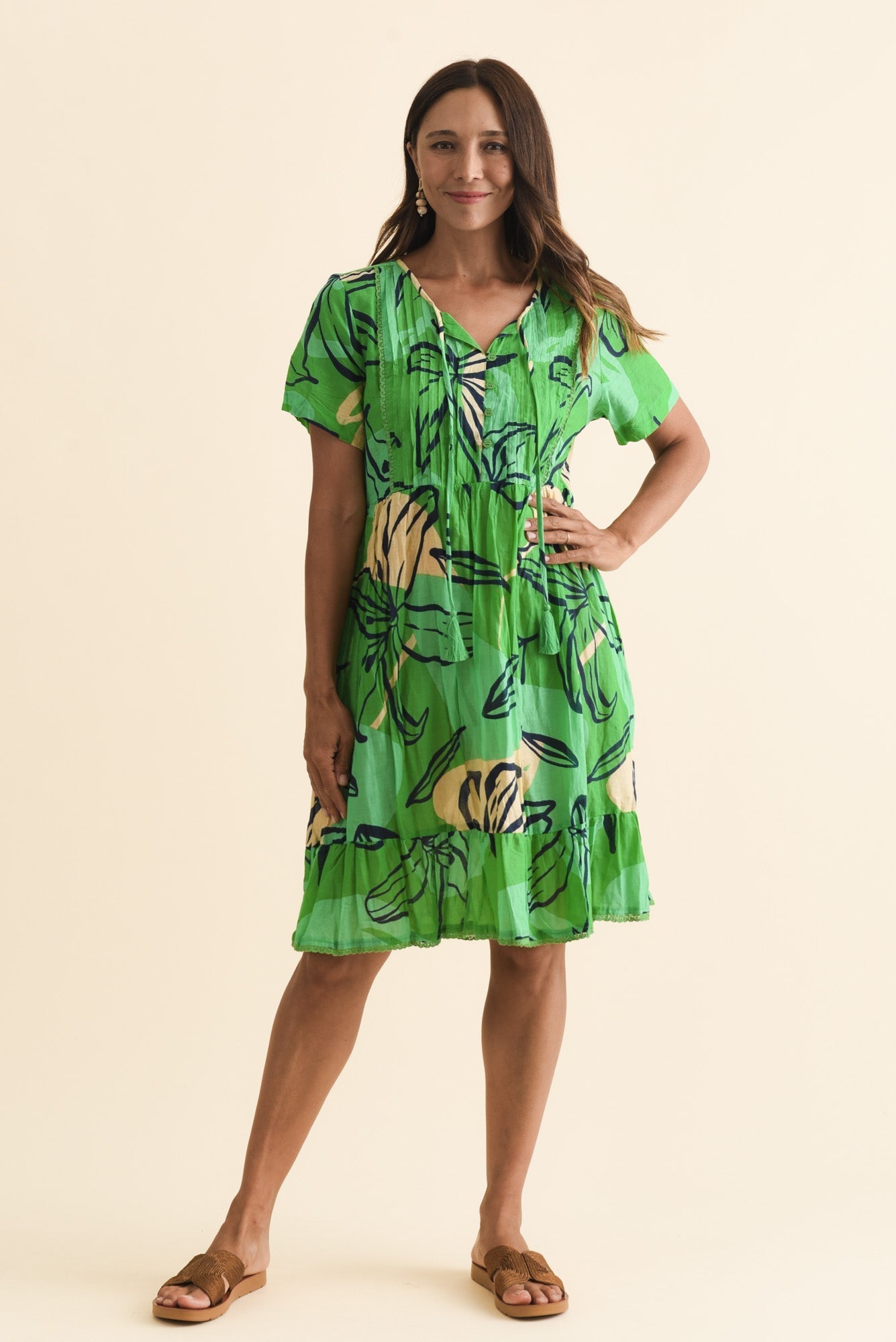 Marisol Green Lily Crinkle Cotton Dress