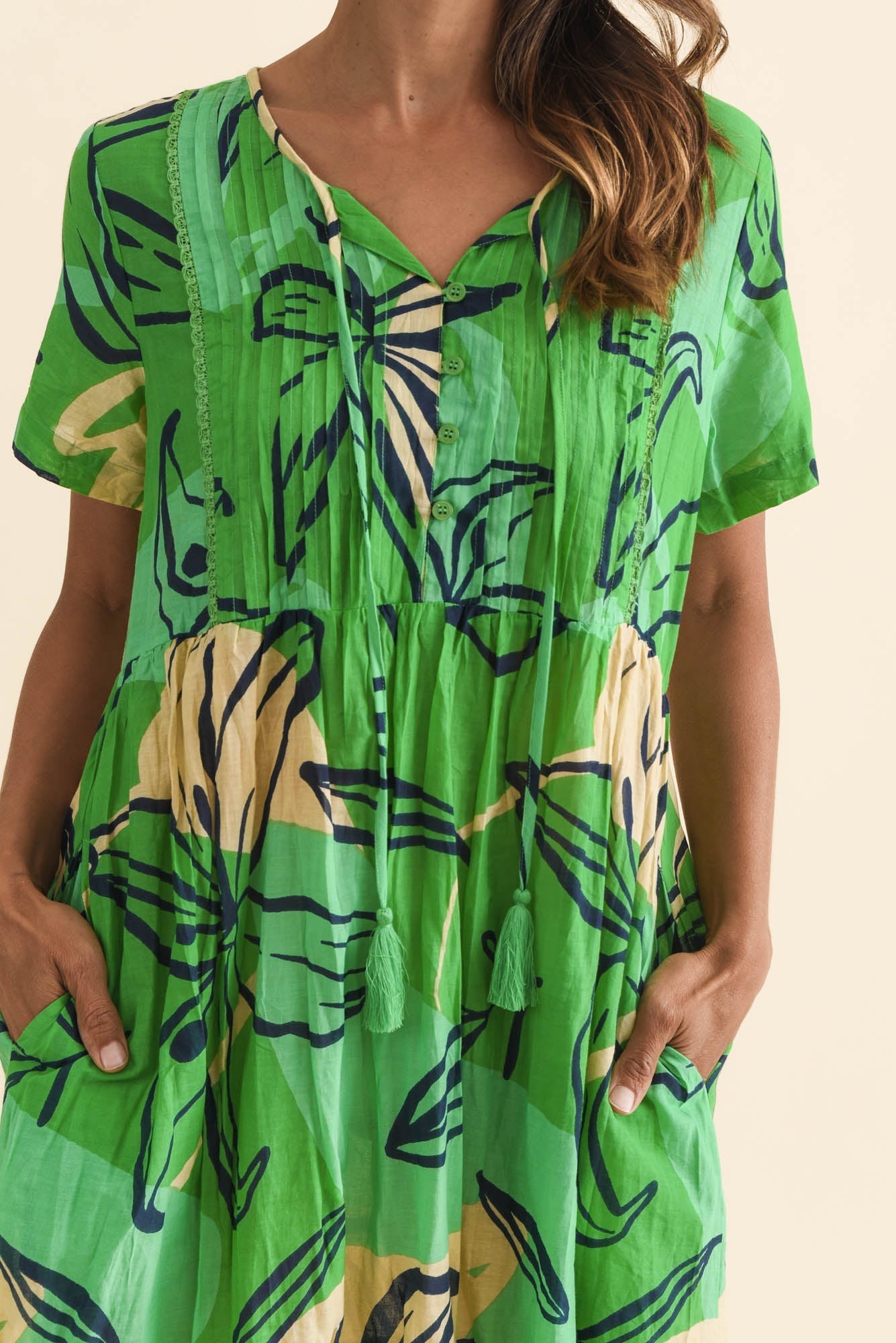 Marisol Green Lily Crinkle Cotton Dress