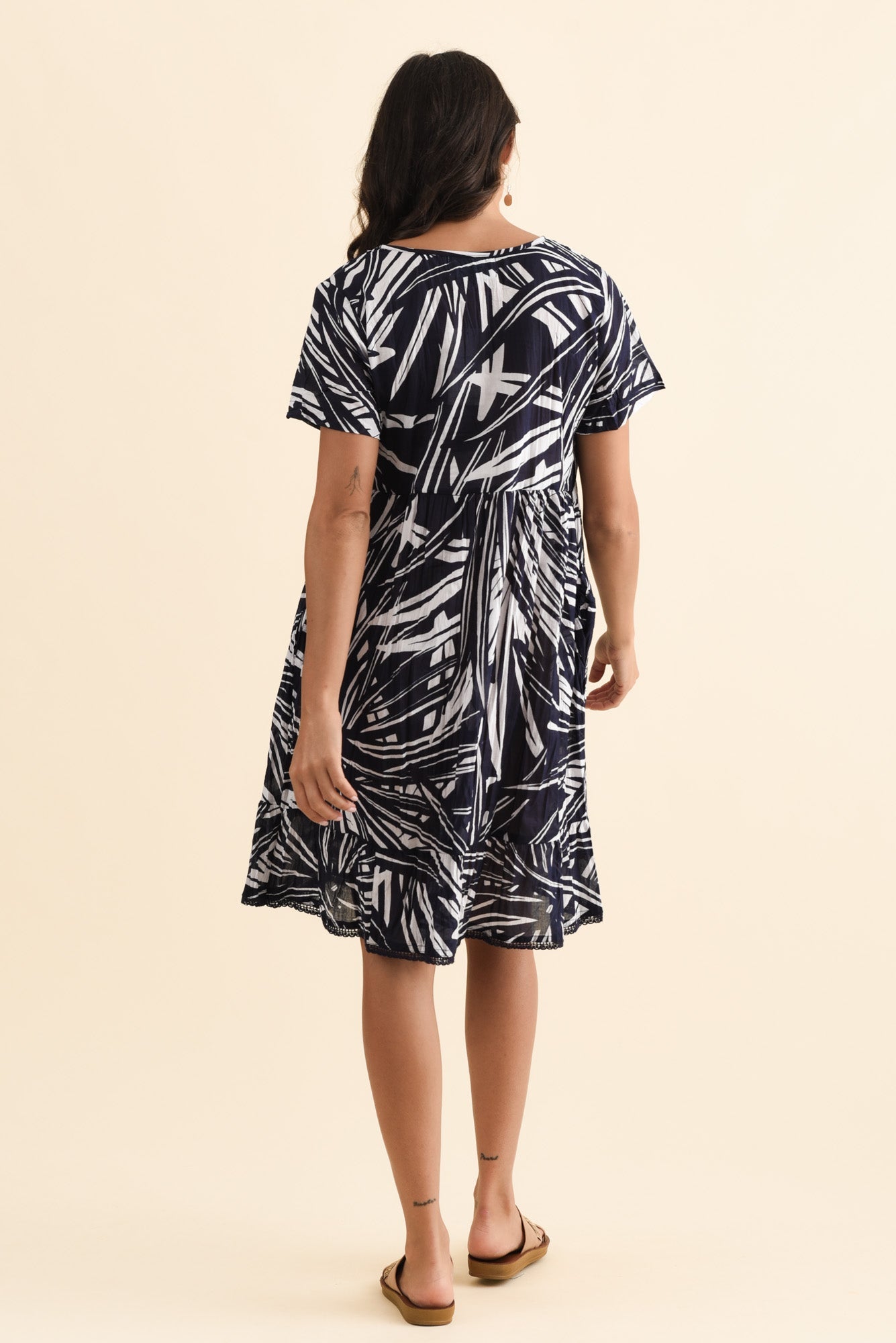 Marisol Navy Foliage Crinkle Cotton Dress