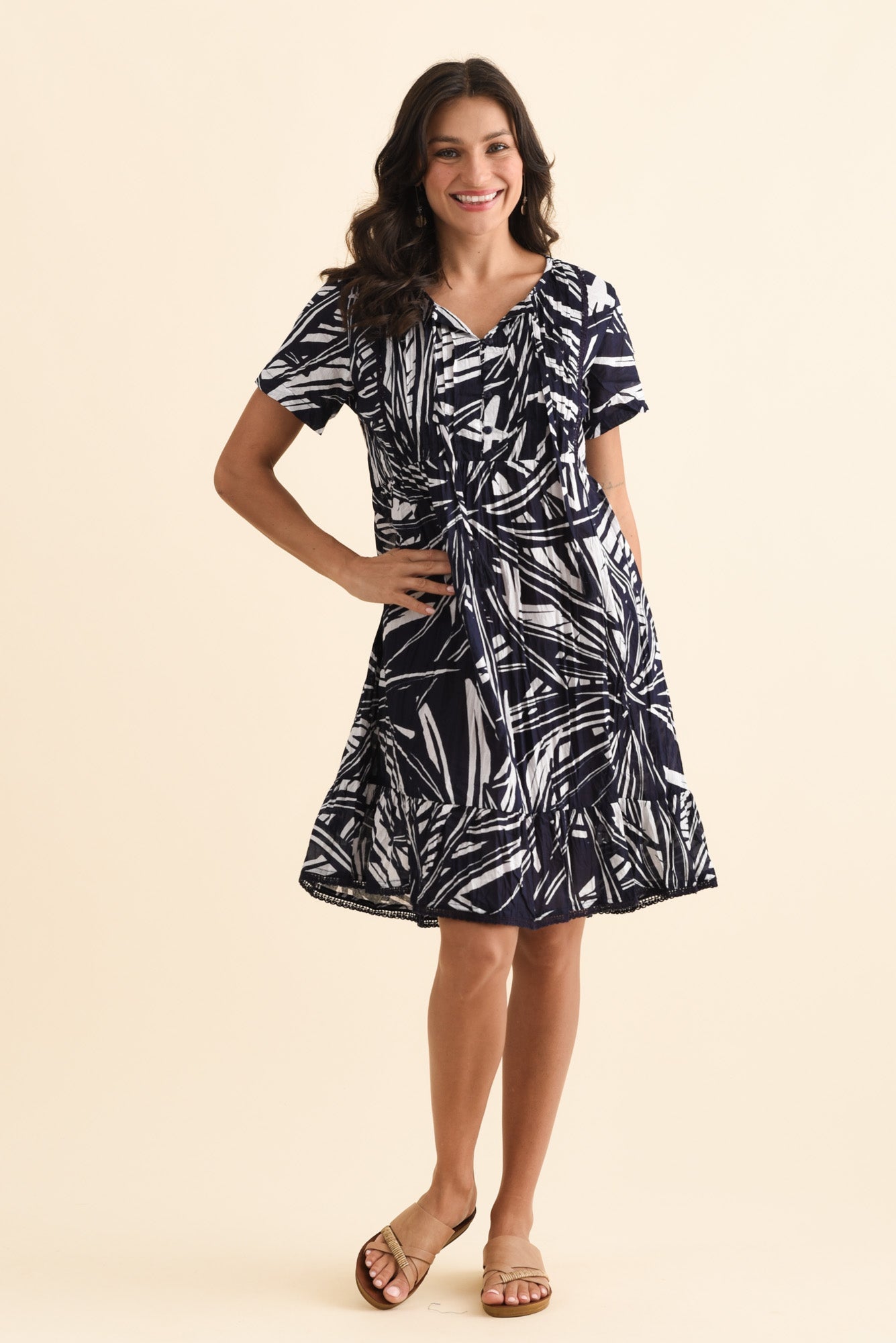 Marisol Navy Foliage Crinkle Cotton Dress