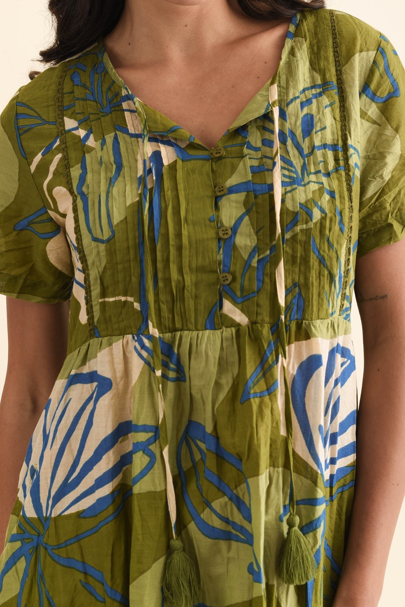 Marisol Olive Tiger Lily Crinkle Cotton Dress