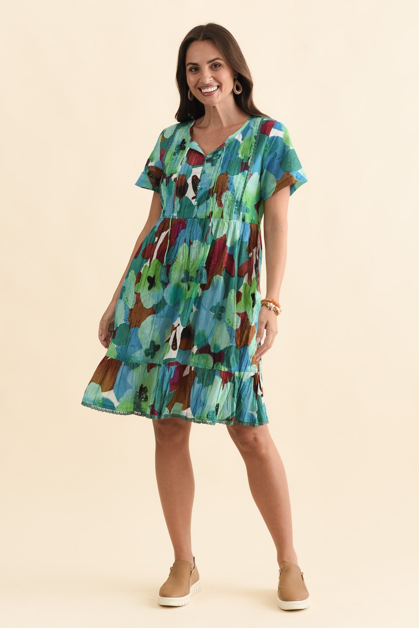 Marisol Teal Flower Crinkle Cotton Dress