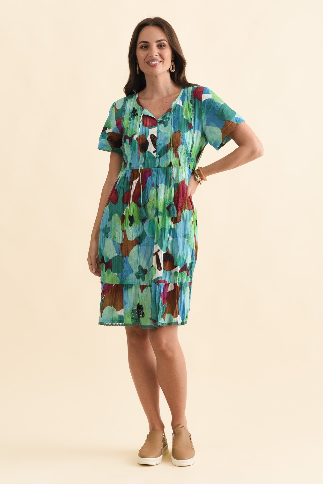 Marisol Teal Flower Crinkle Cotton Dress