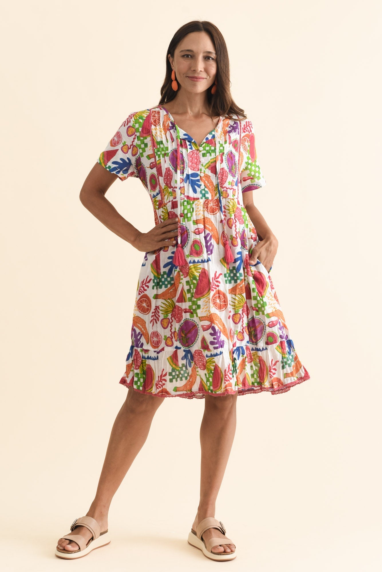 Marisol White Fruity Crinkle Cotton Dress