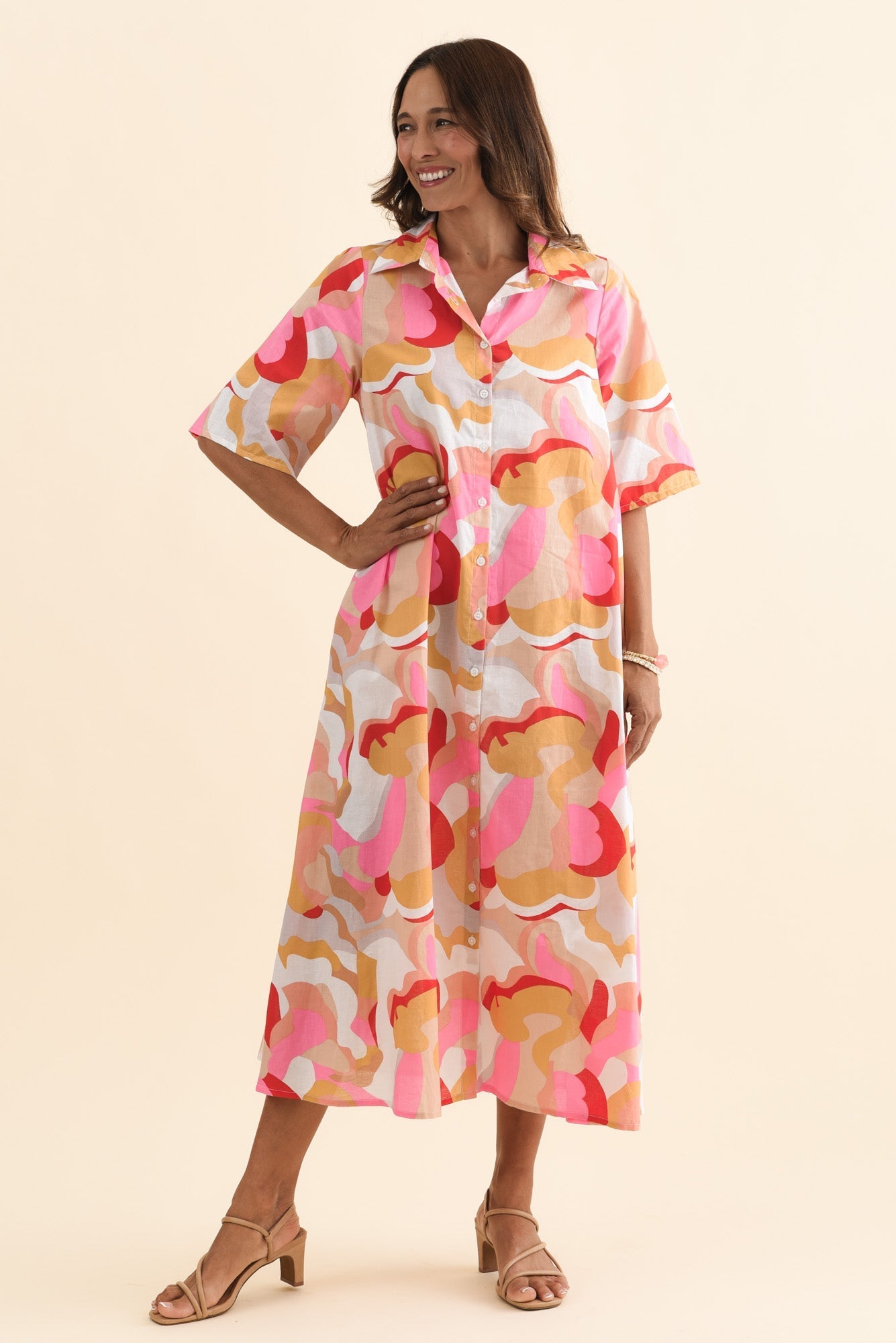 Meda Beige Floral Cotton Tie Dress