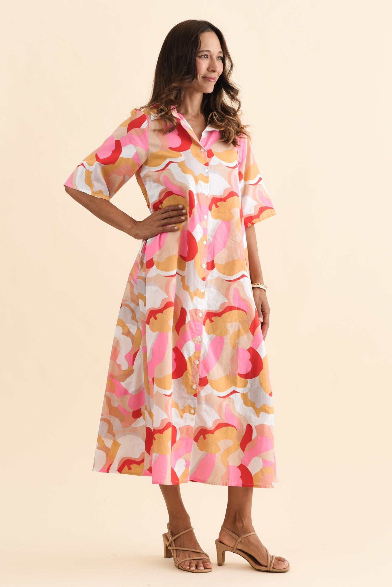 Meda Beige Floral Cotton Tie Dress
