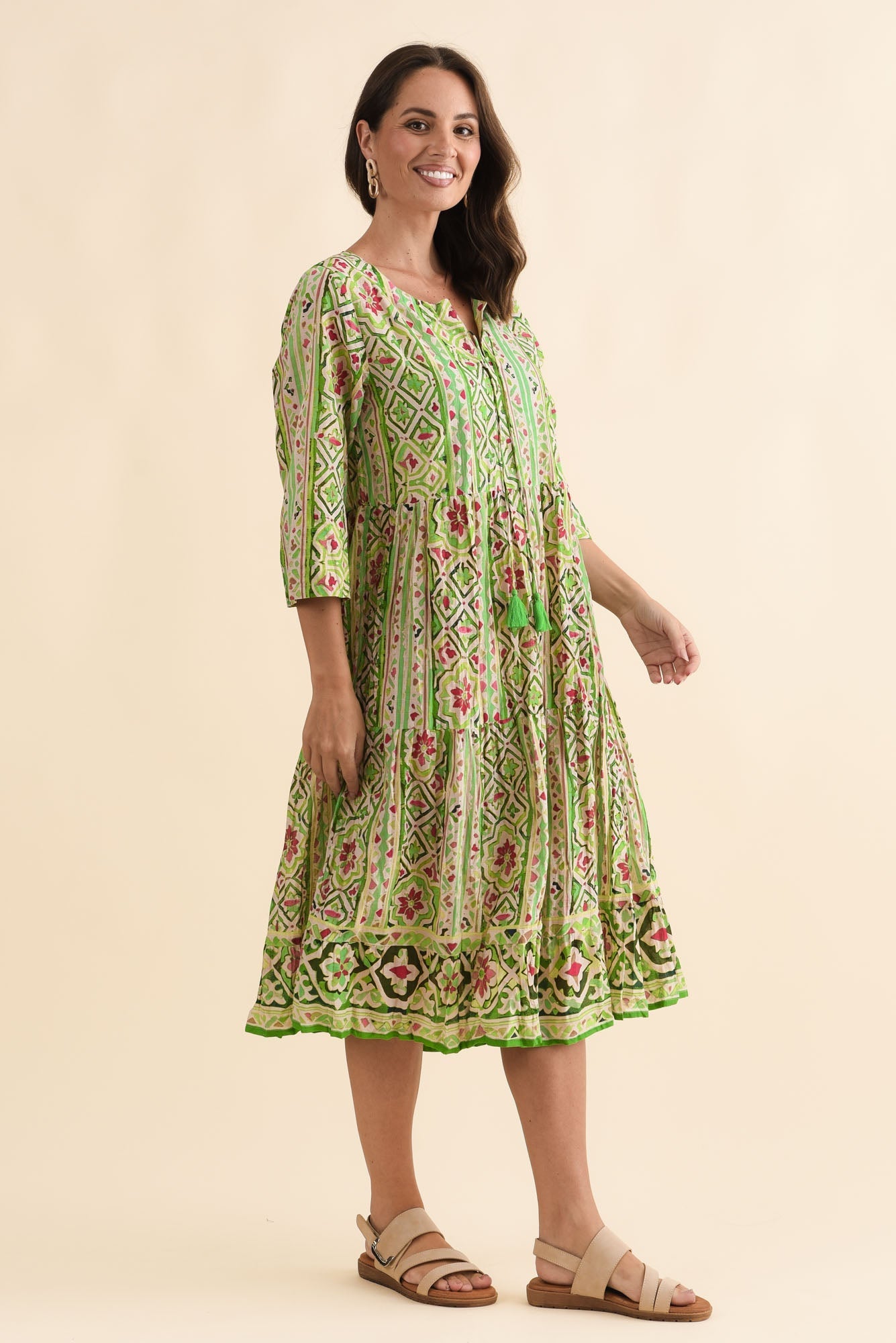 Milana Green Abstract Crinkle Cotton Dress Side View