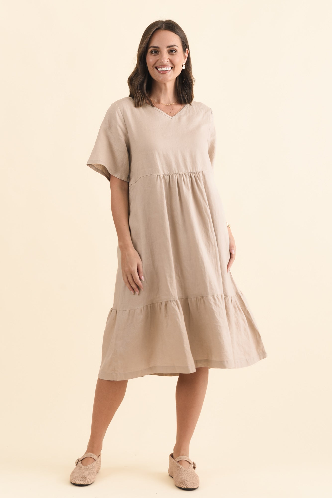Miller Beige Linen Tiered Dress