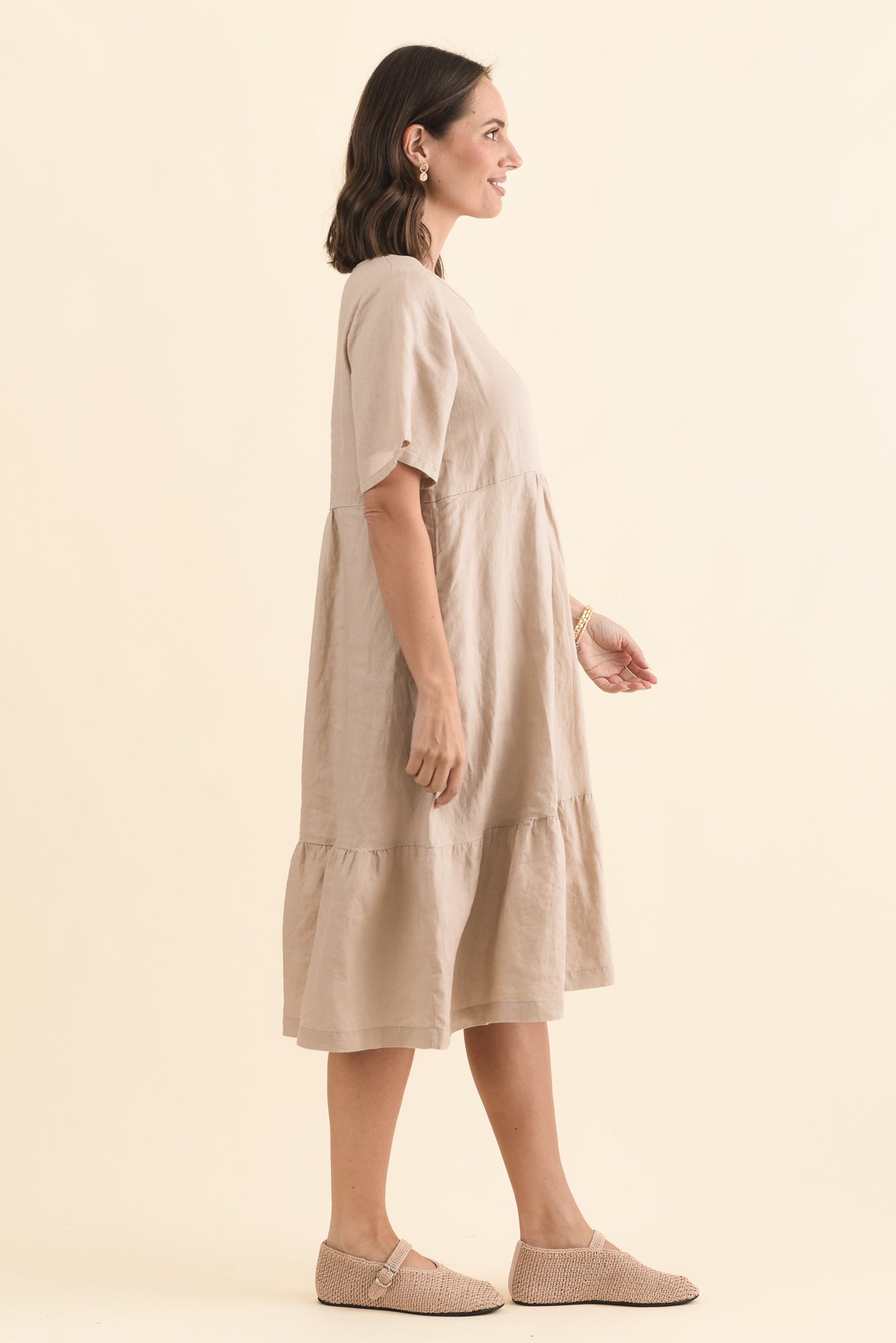 Miller Beige Linen Tiered Dress
