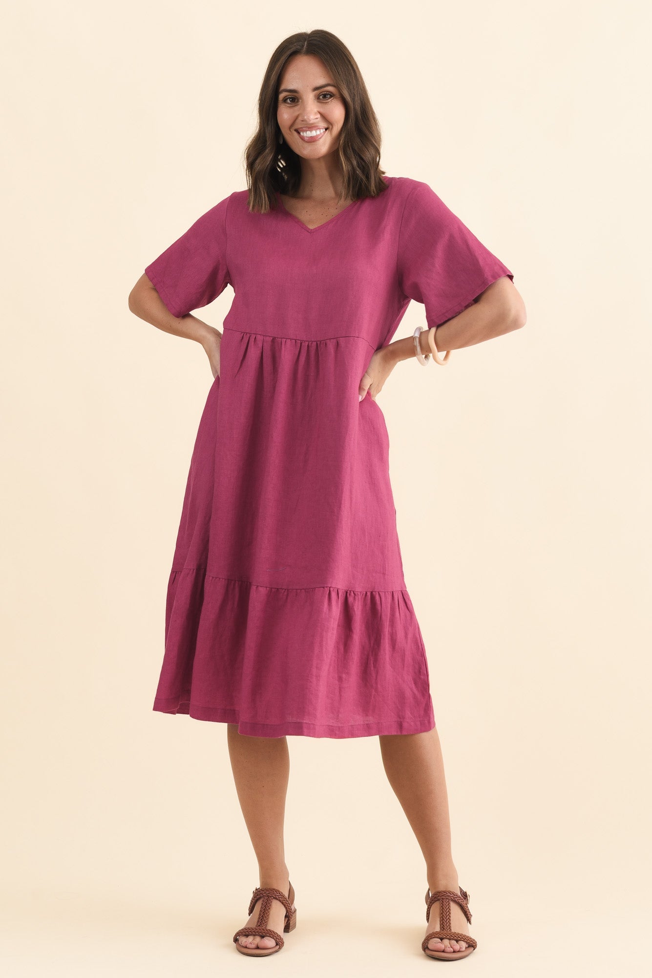 Miller Pink Linen Tiered Dress