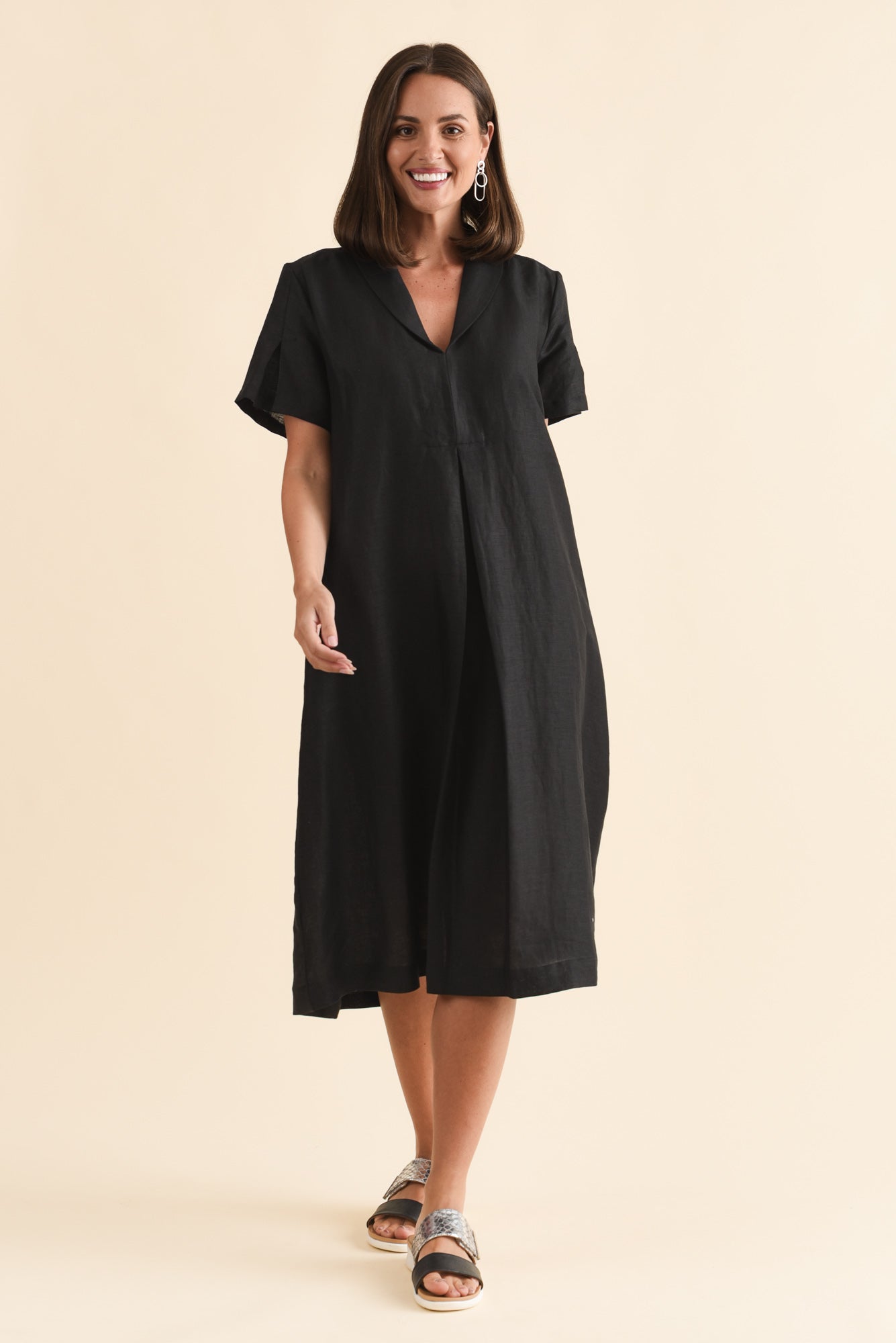 Miranda Black Linen Collared Dress