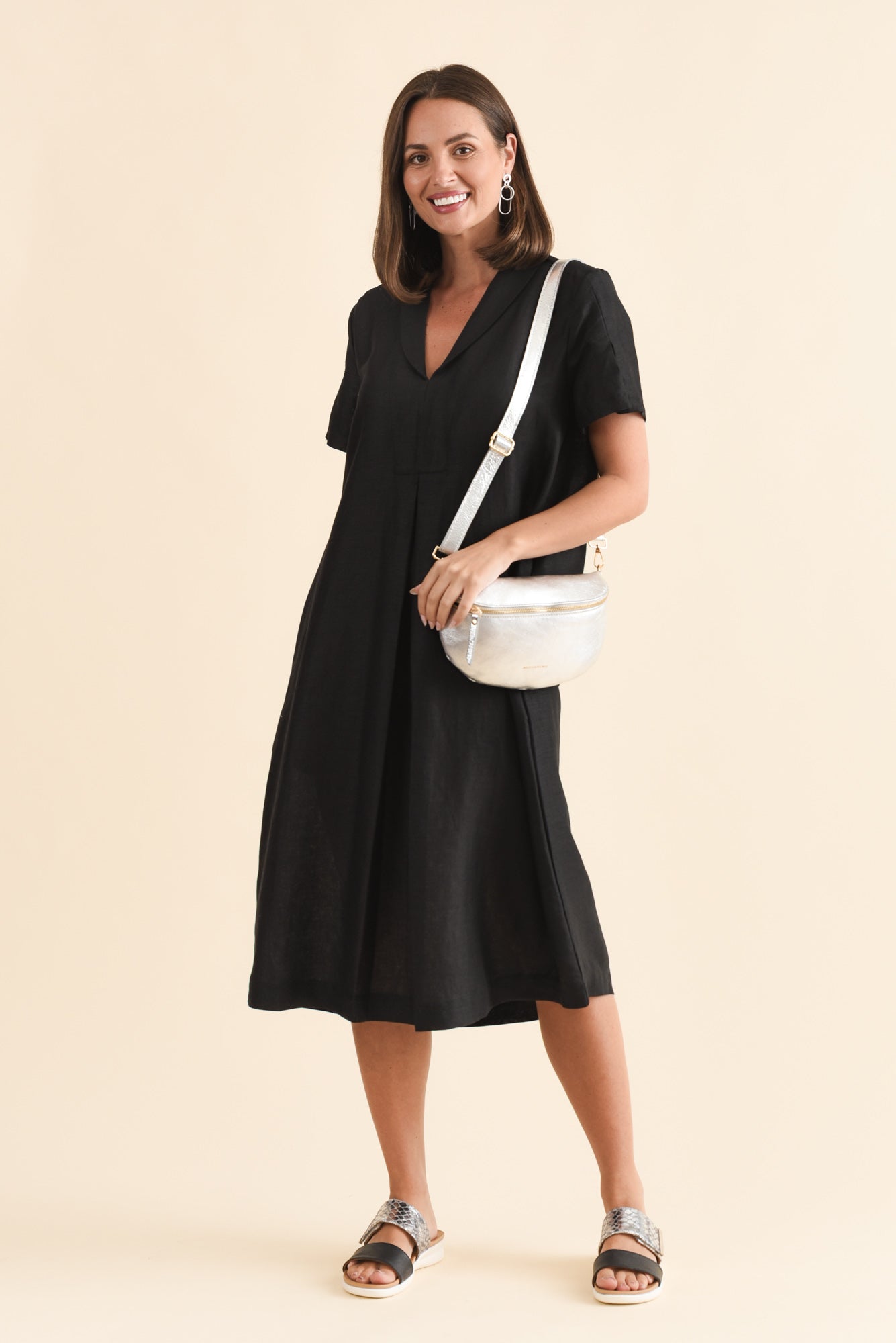 Miranda Black Linen Collared Dress
