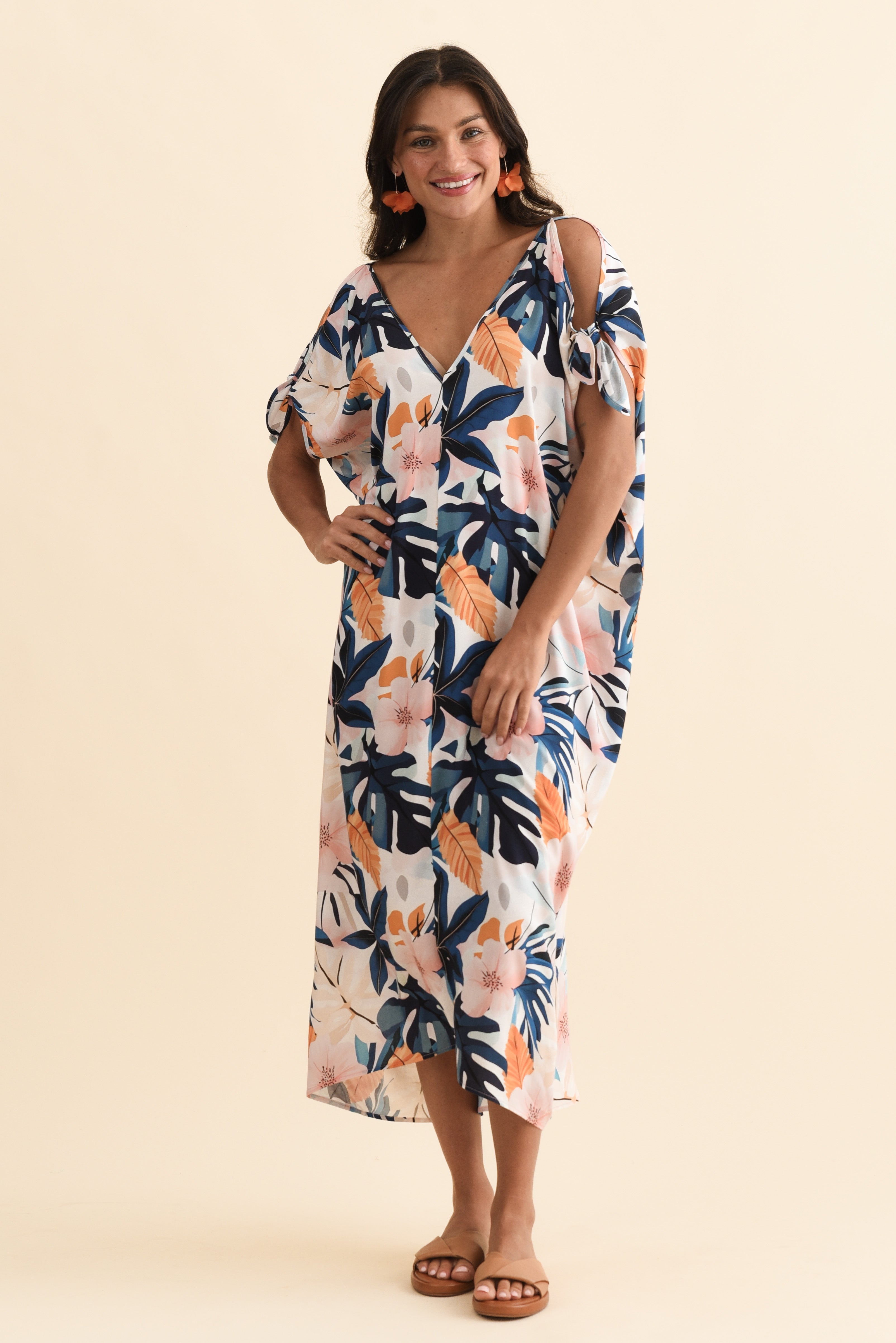 Miranda Navy Garden Cold Shoulder Kaftan