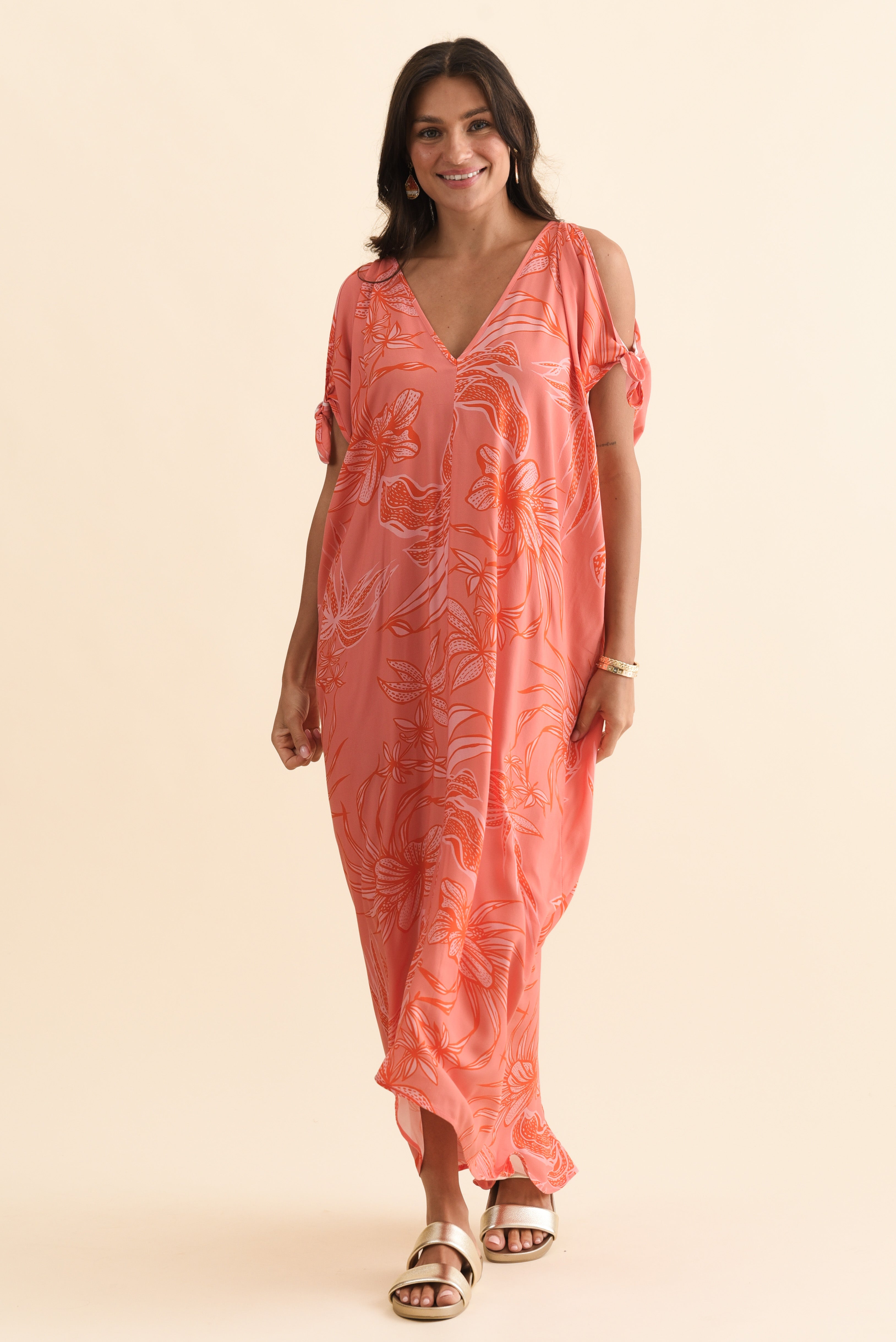 Miranda Pink Botanical Cold Shoulder Kaftan
