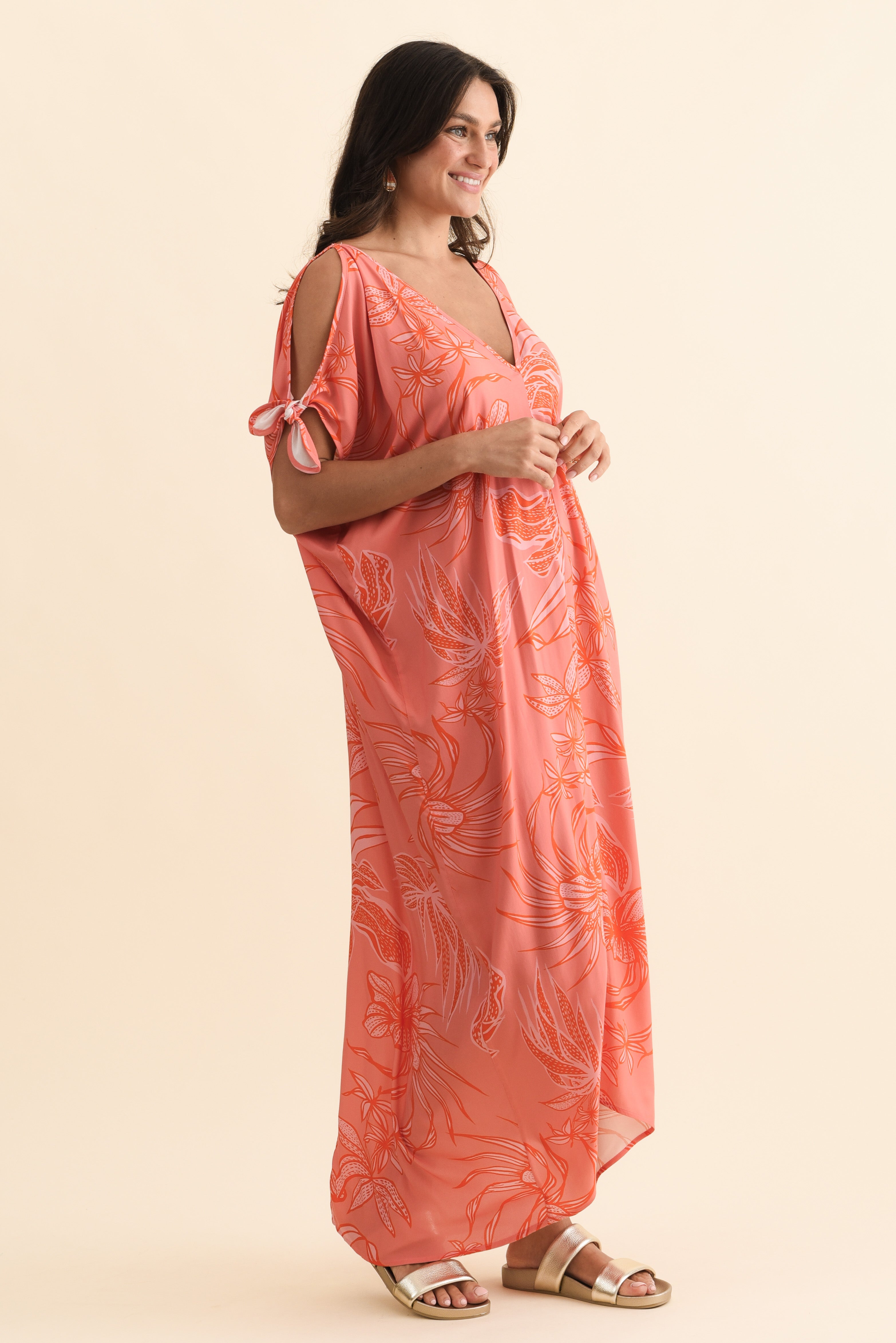 Miranda Pink Botanical Cold Shoulder Kaftan