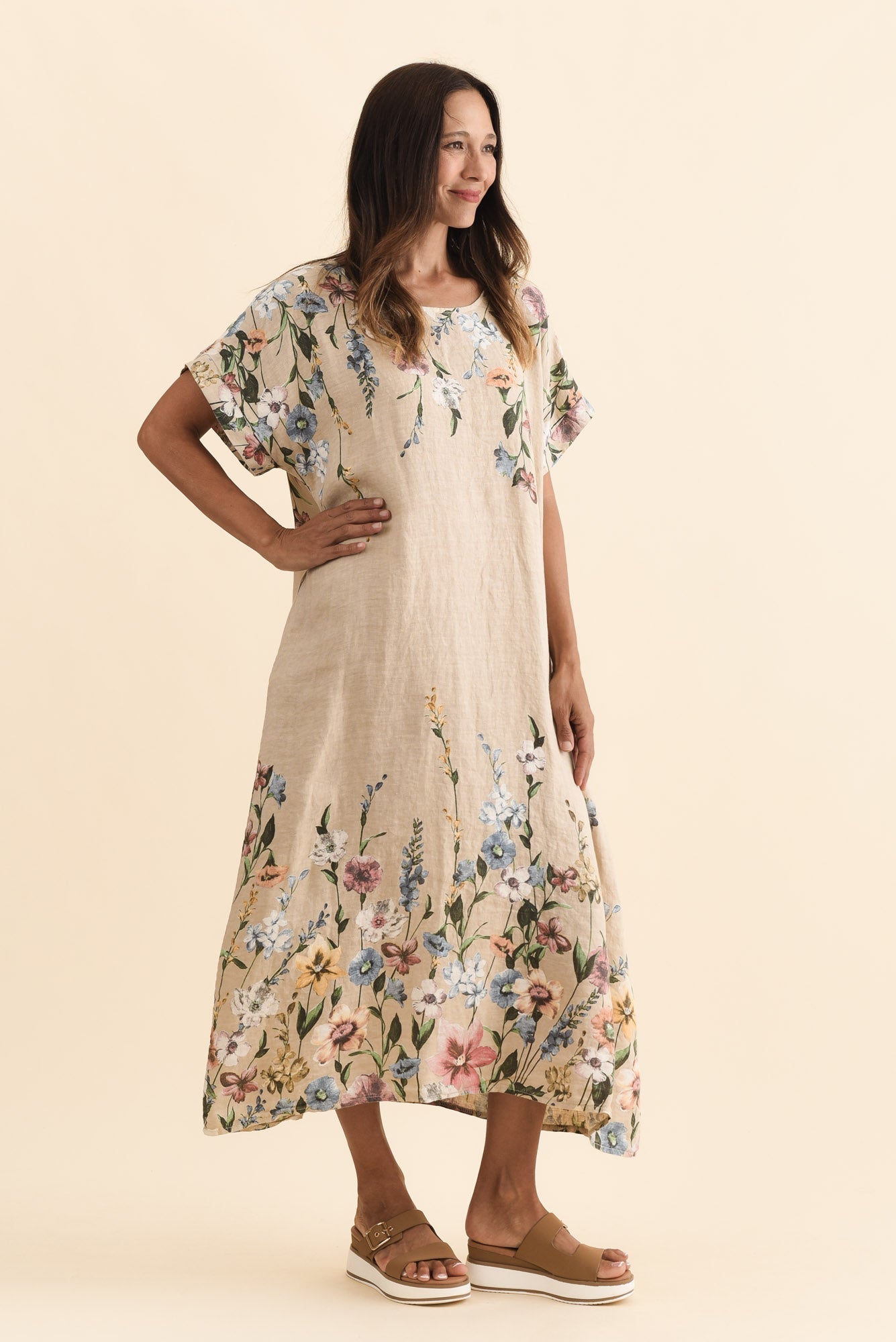 Morrison Beige Floral Linen Pocket Dress