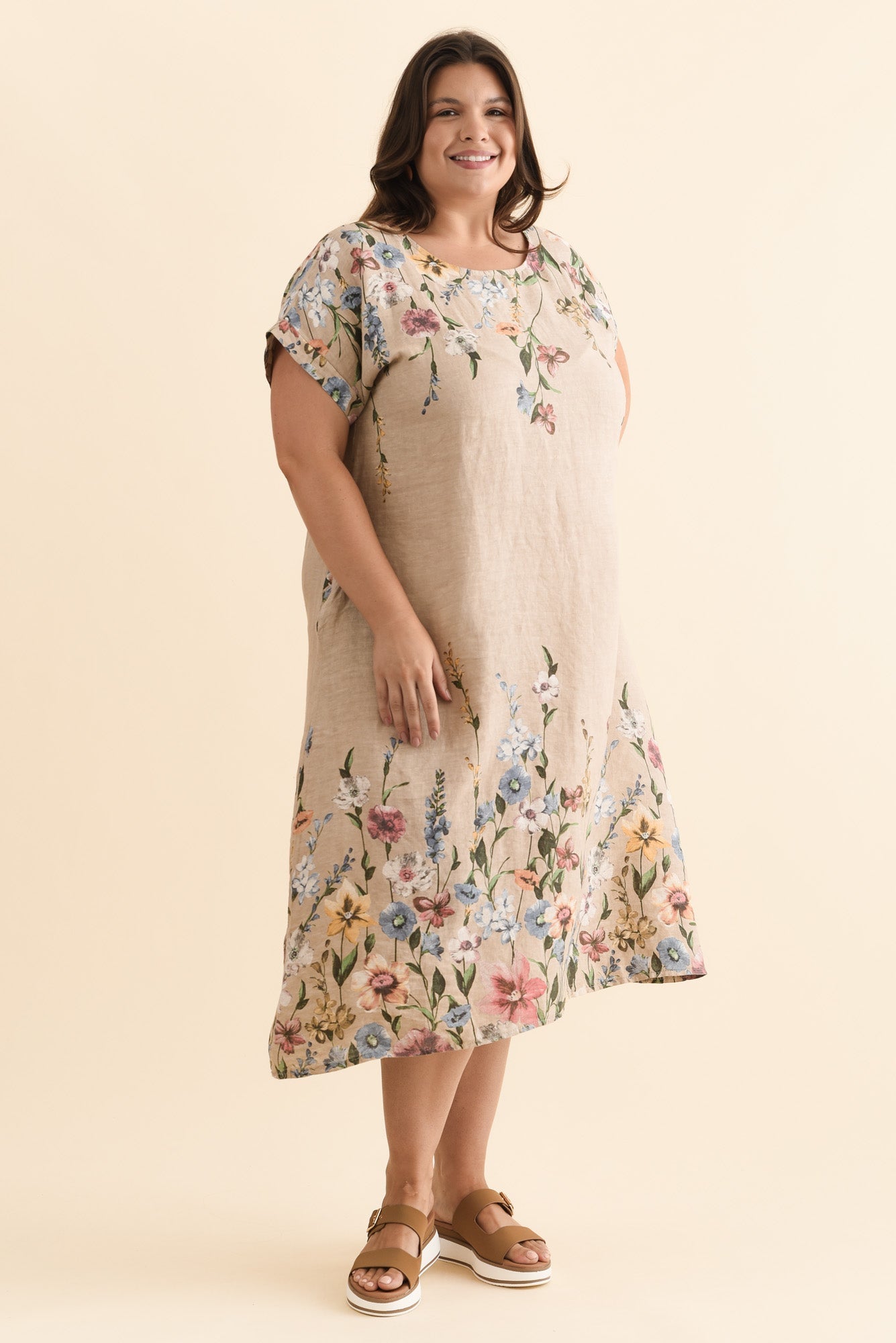 Morrison Beige Floral Linen Pocket Dress