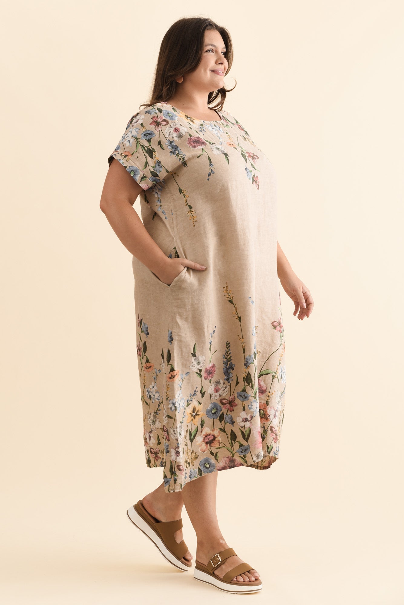 Morrison Beige Floral Linen Pocket Dress