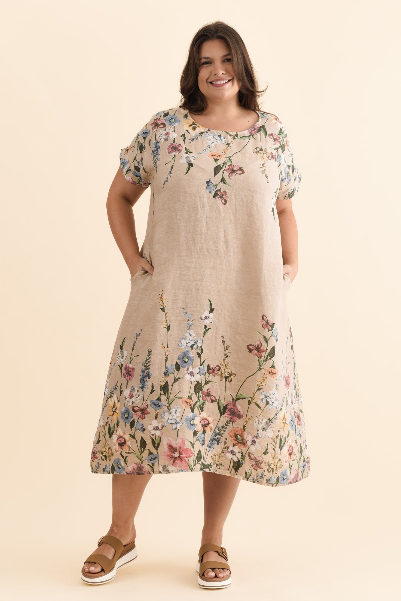 Morrison Beige Floral Linen Pocket Dress