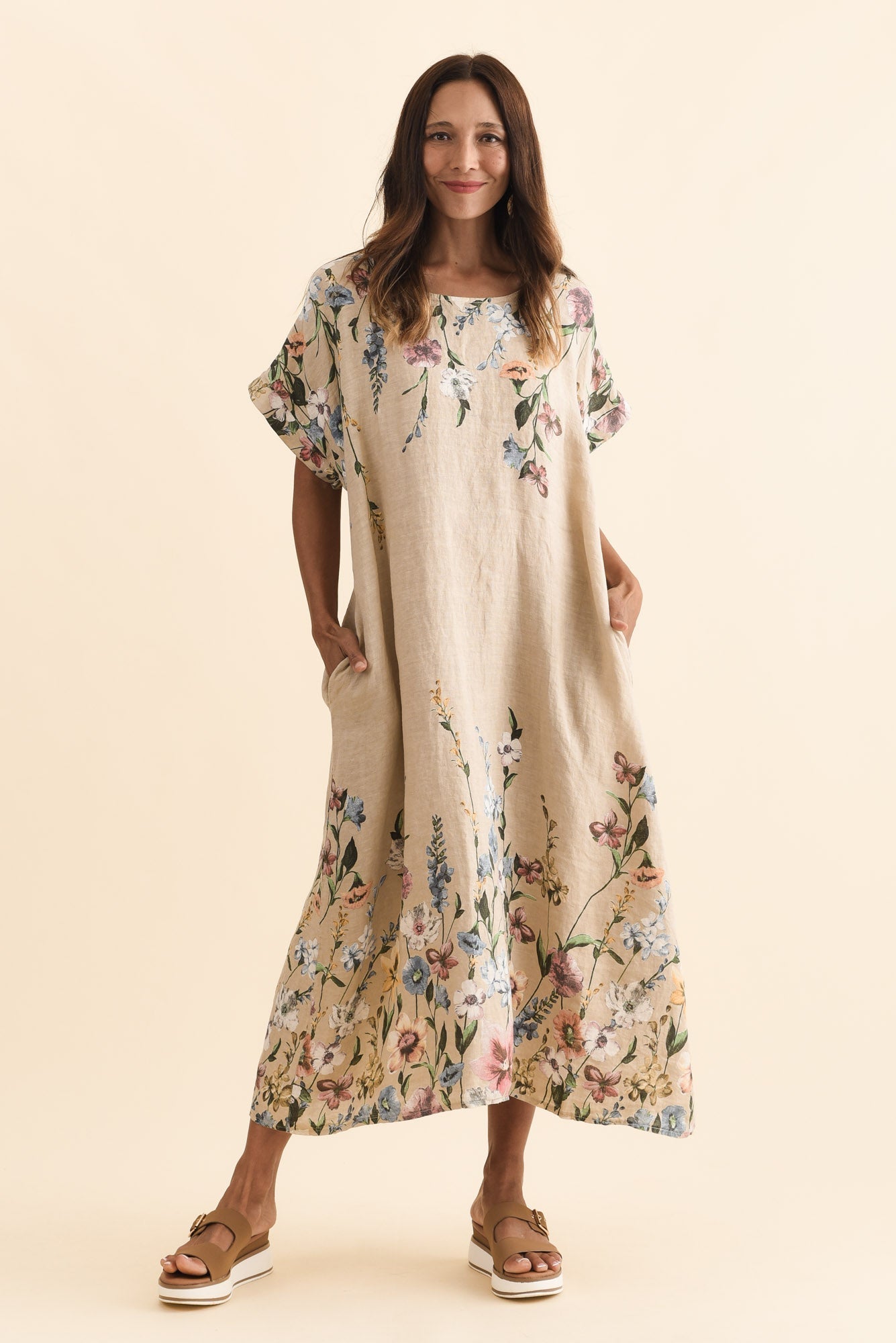 Morrison Beige Floral Linen Pocket Dress