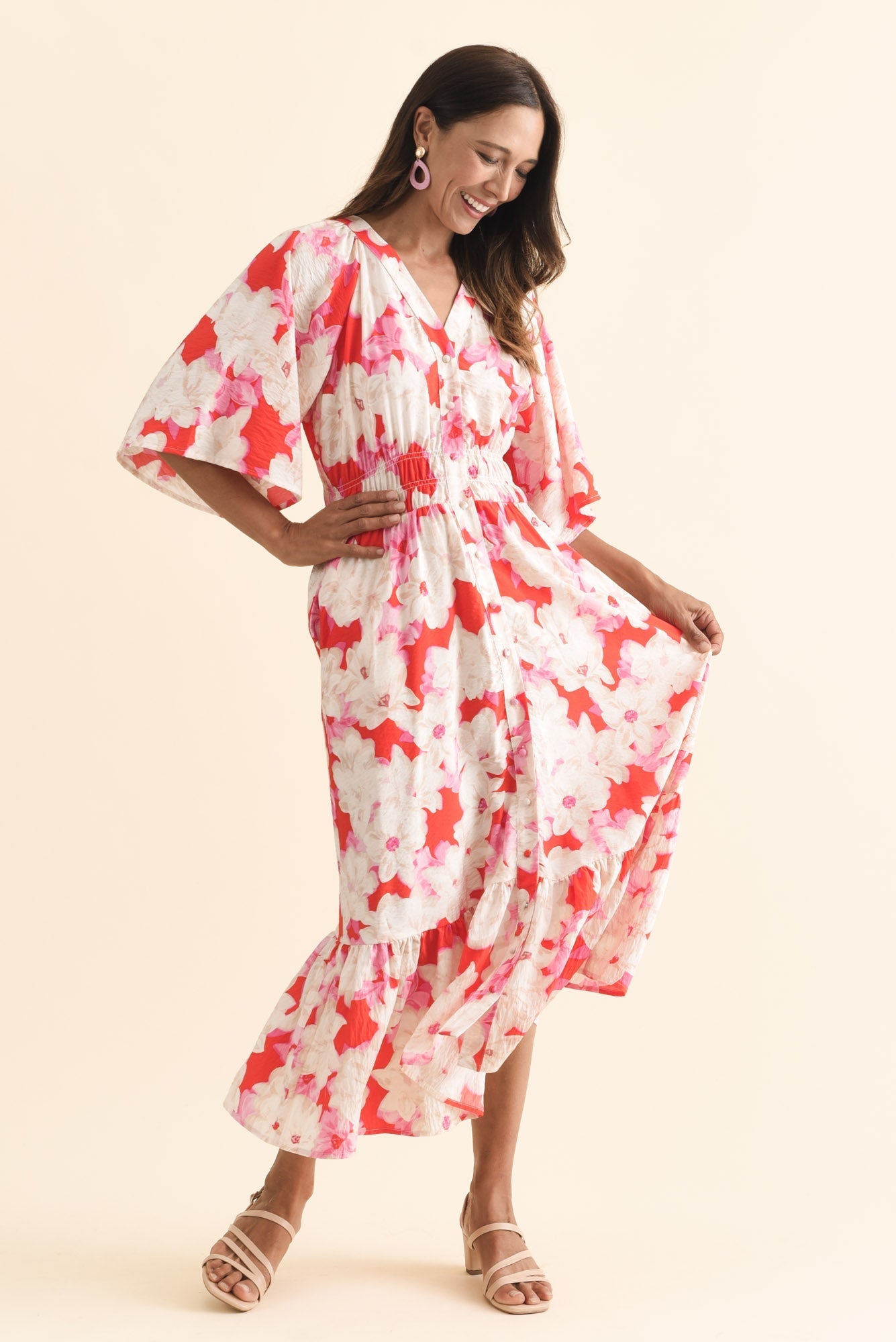 Moxie Red Floral Button Dress