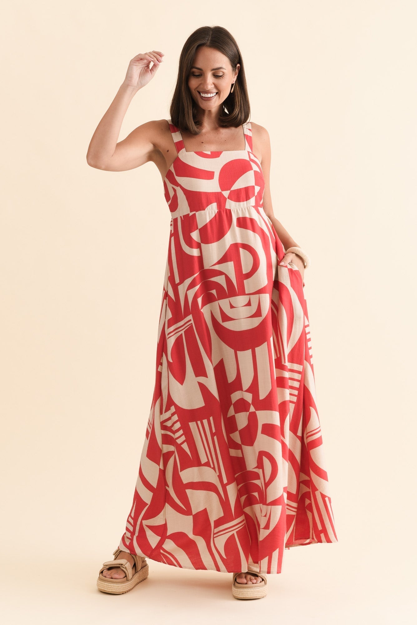 Mykonos Red Abstract Linen Cotton Dress