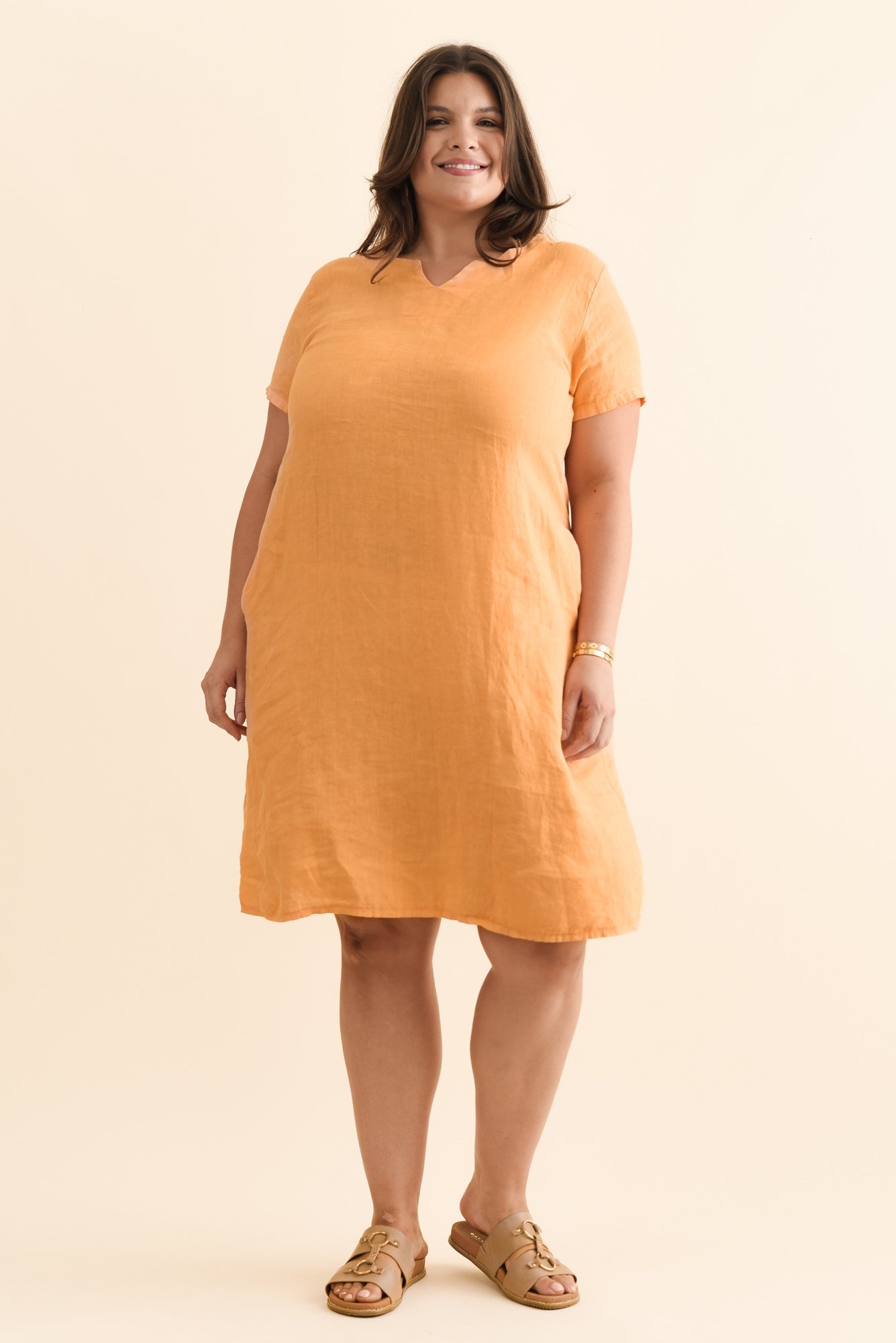 Nara Peach Linen Pocket Dress Side View 2