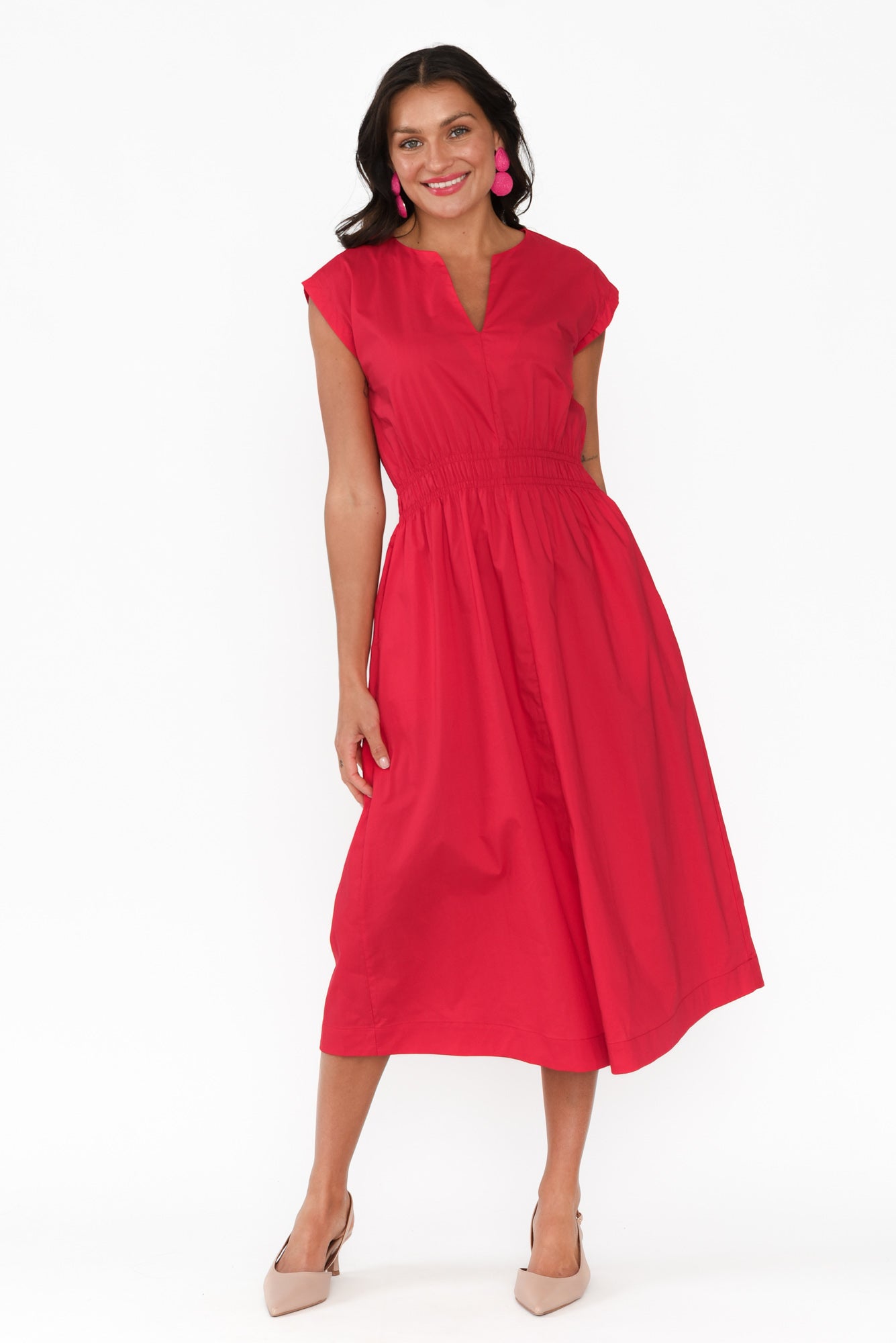 Nelly Red Cotton Midi Dress