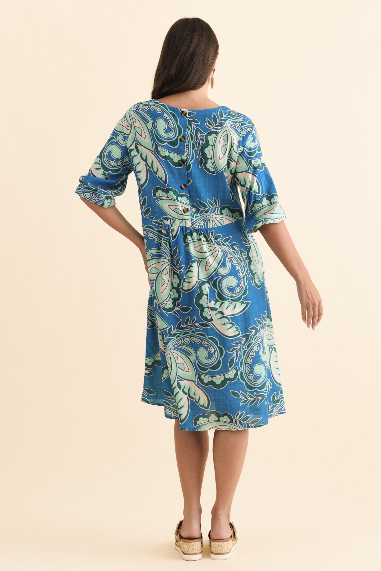 Nicolette Blue Paisley Cotton Blend Sleeved Dress Side View
