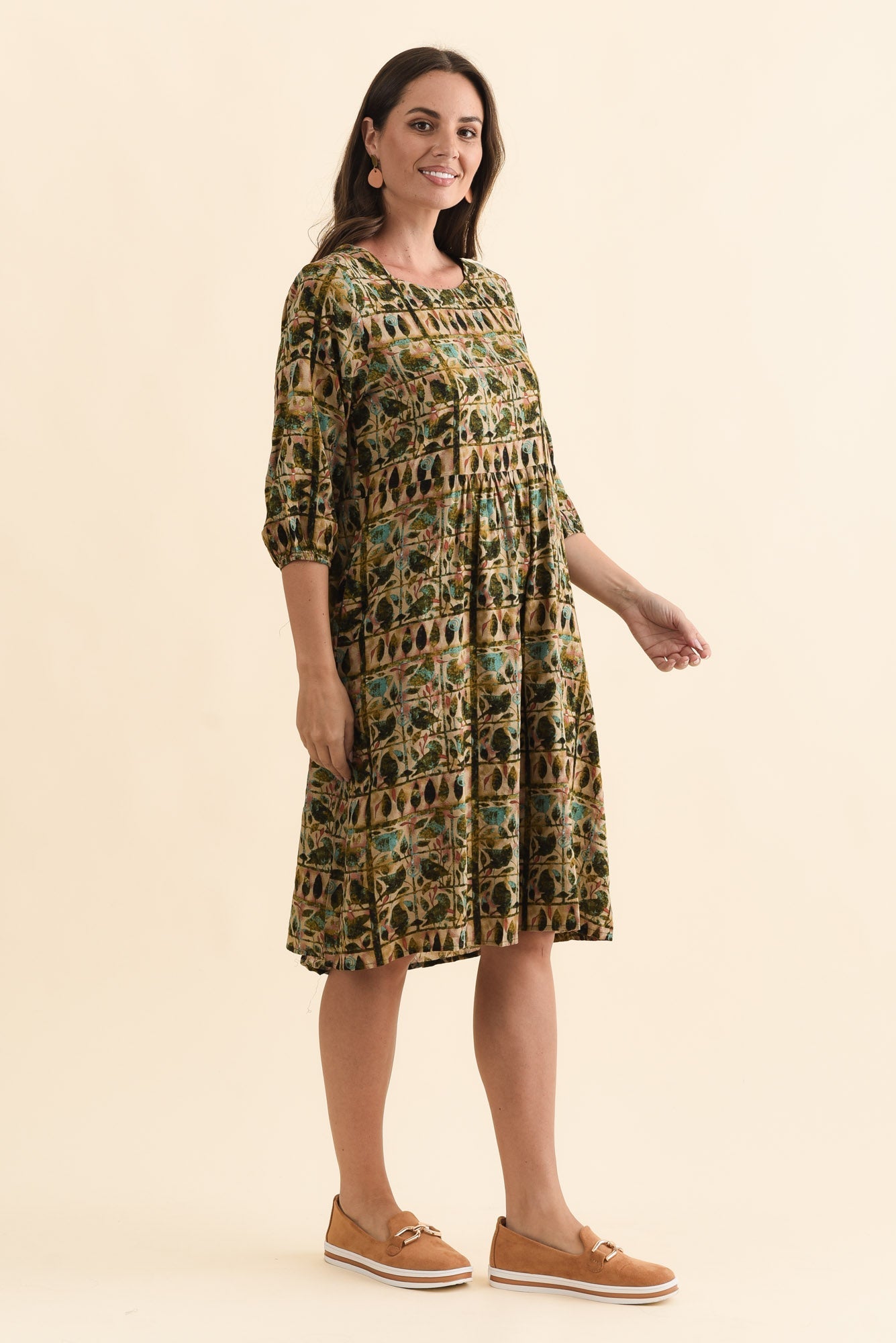 Nicolette Green Motif Cotton Blend Sleeved Dress Back View