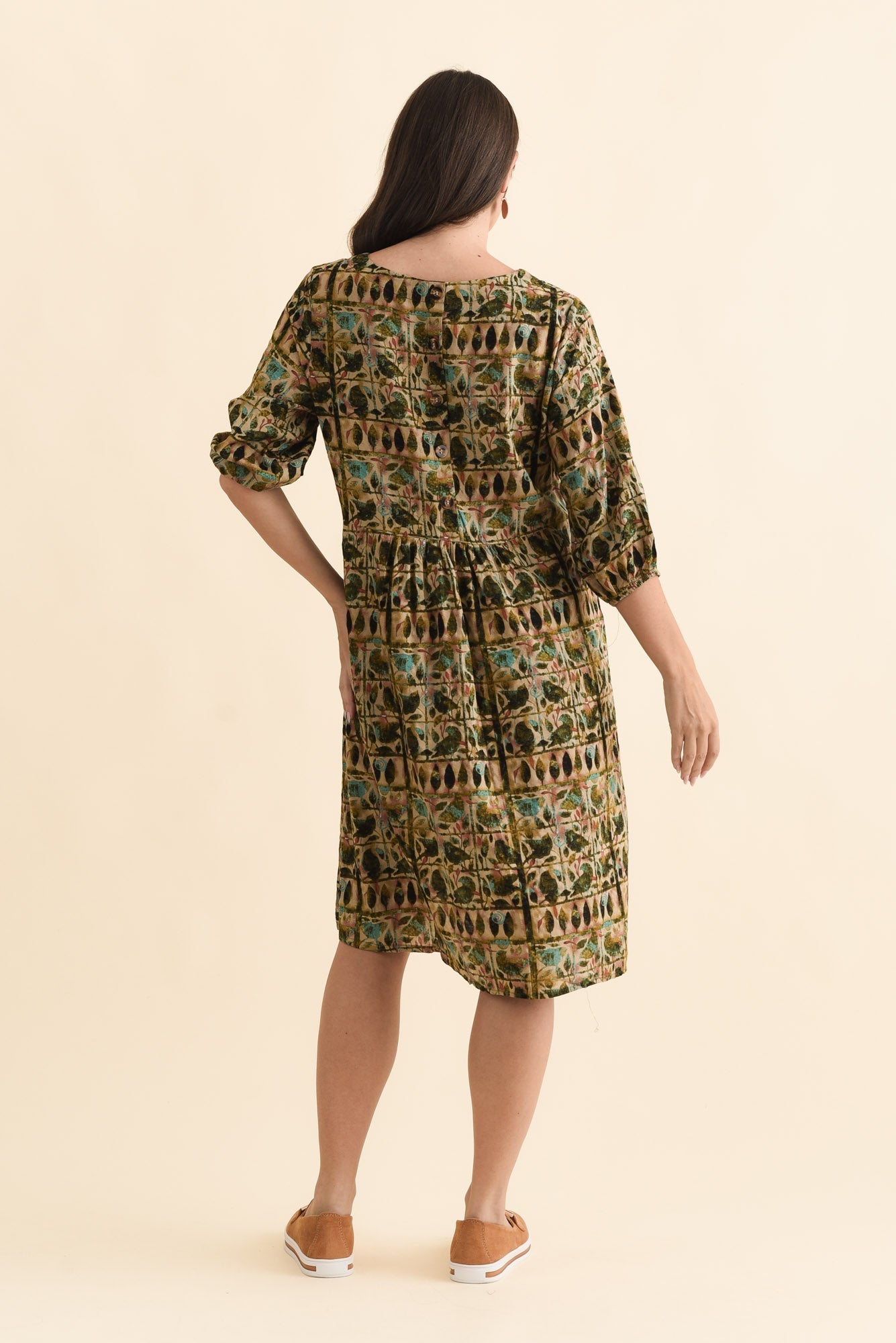Nicolette Green Motif Cotton Blend Sleeved Dress Side View