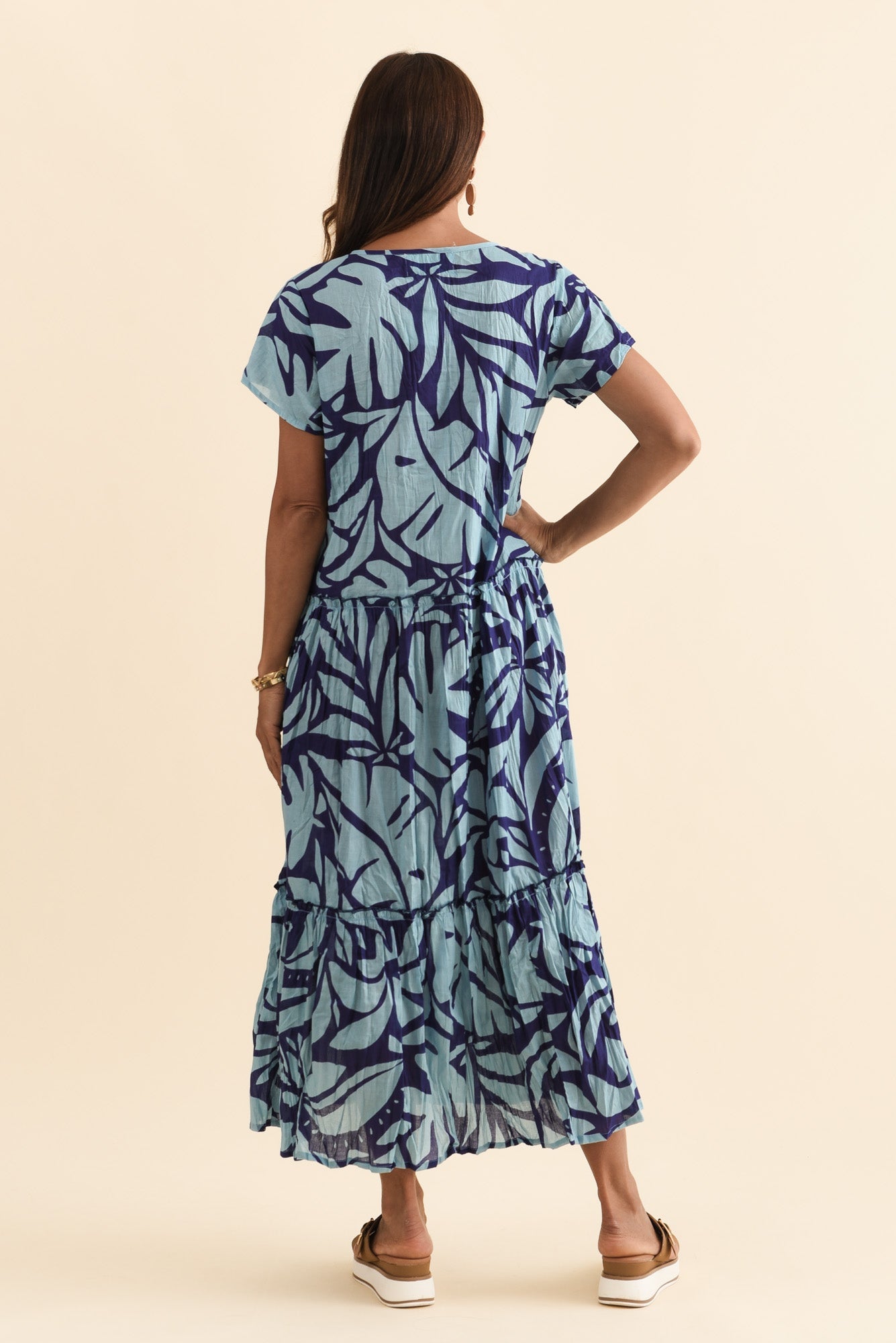 Nona Blue Botanical Crinkle Cotton Maxi Dress