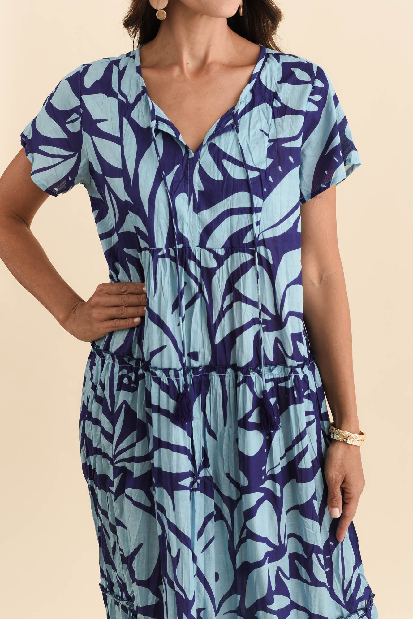 Nona Blue Botanical Crinkle Cotton Maxi Dress