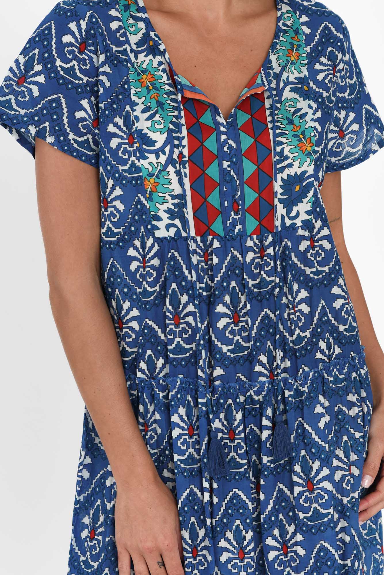 Nona Cobalt Mosaic Crinkle Cotton Maxi Dress