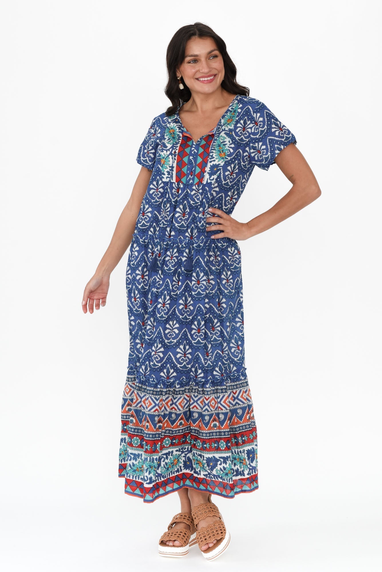 Nona Cobalt Mosaic Crinkle Cotton Maxi Dress