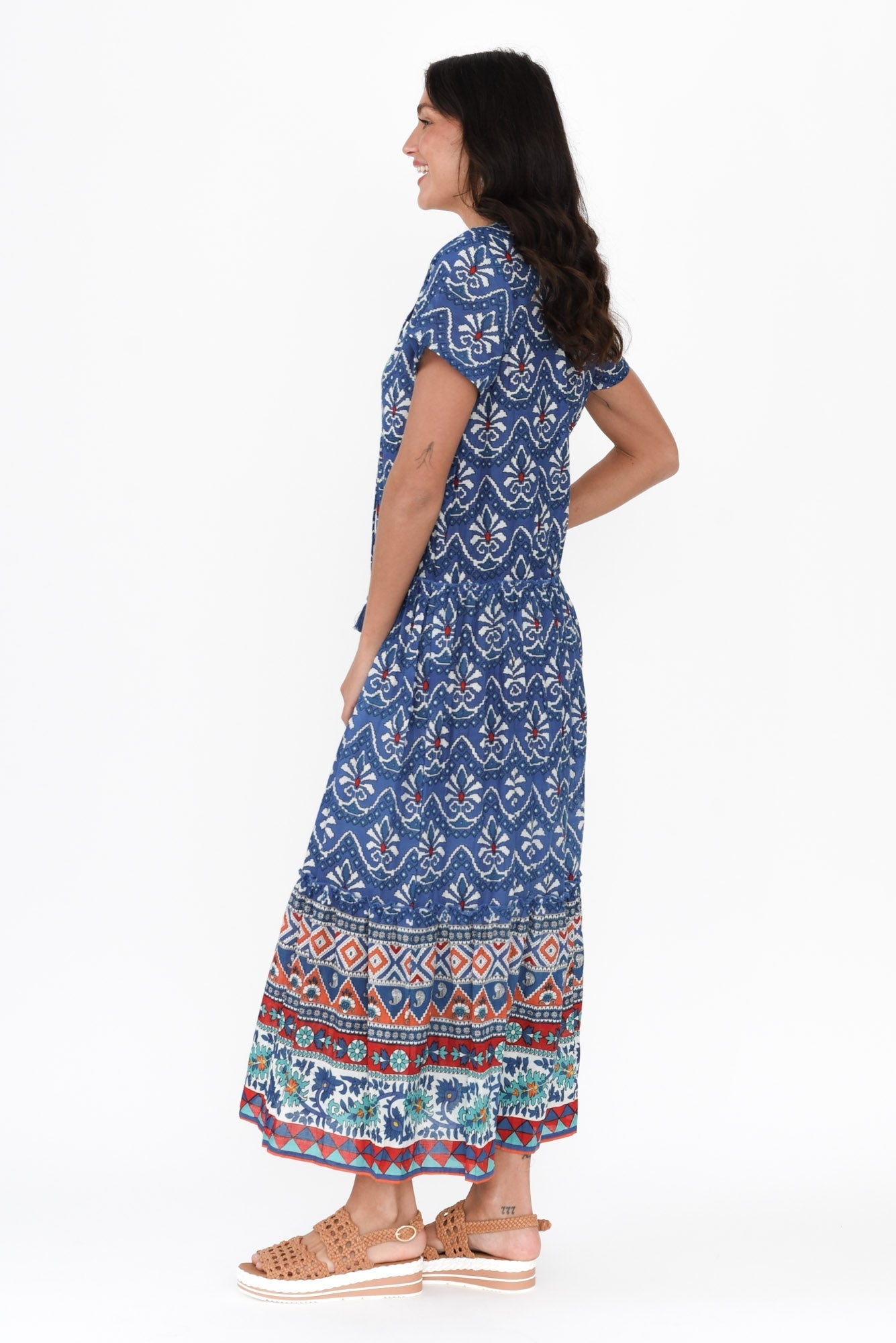 Nona Cobalt Mosaic Crinkle Cotton Maxi Dress