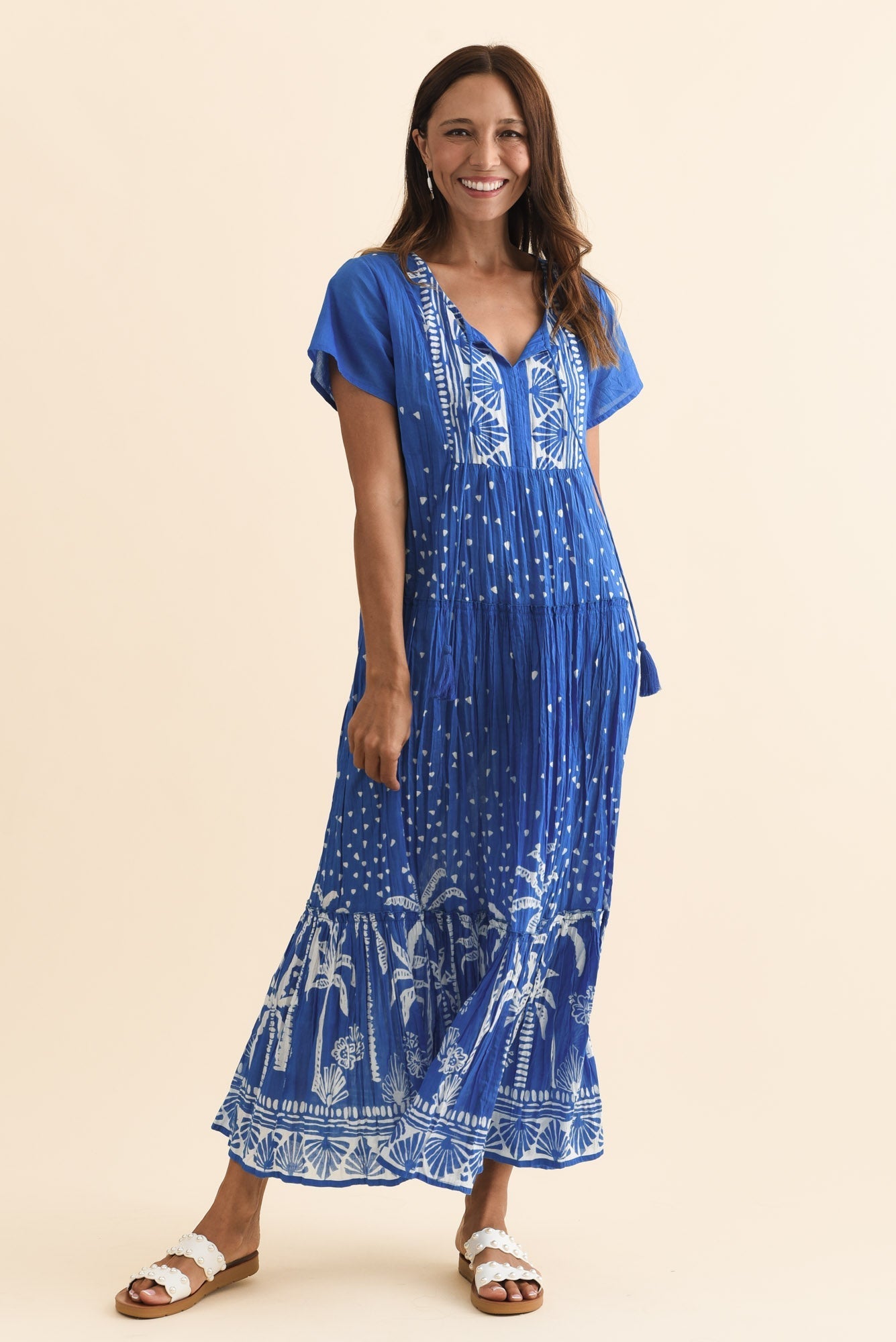 Nona Cobalt Palm Crinkle Cotton Maxi Dress