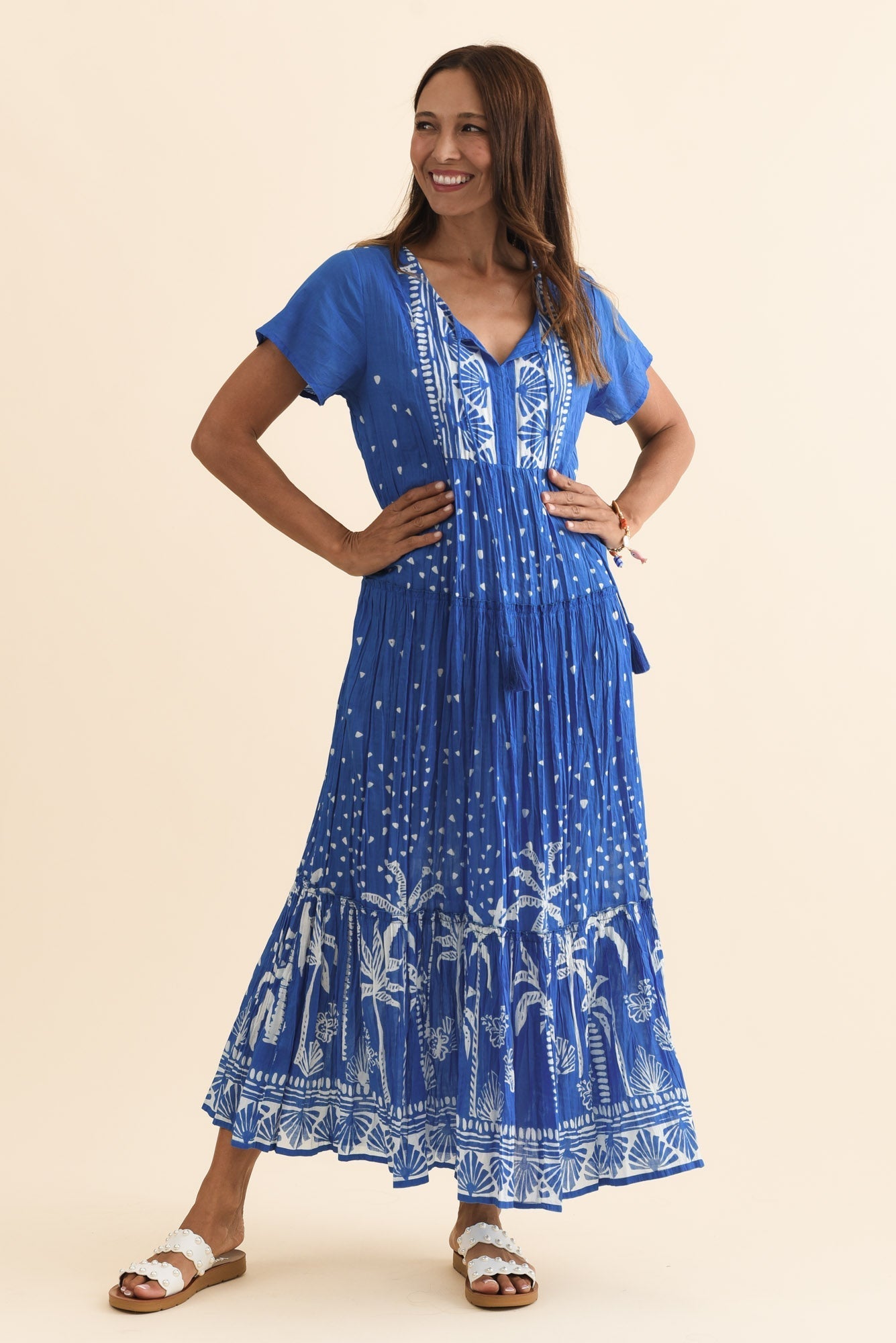 Nona Cobalt Palm Crinkle Cotton Maxi Dress
