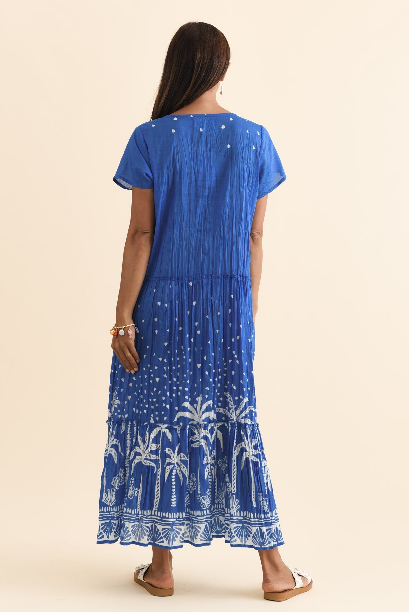 Nona Cobalt Palm Crinkle Cotton Maxi Dress