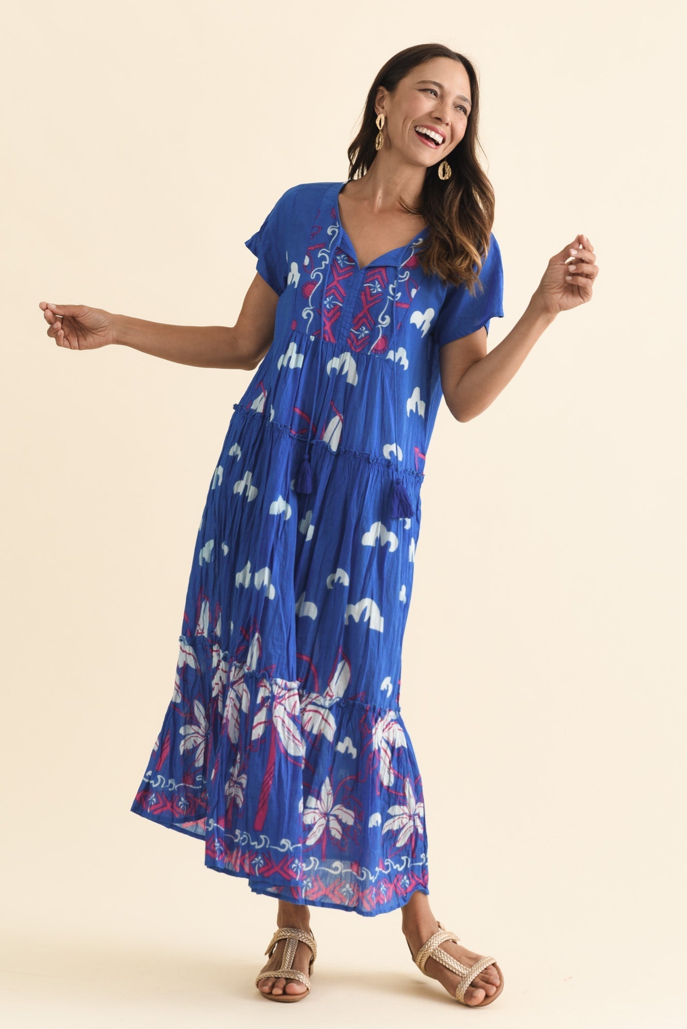 Nona Cobalt Seaside Crinkle Cotton Maxi Dress
