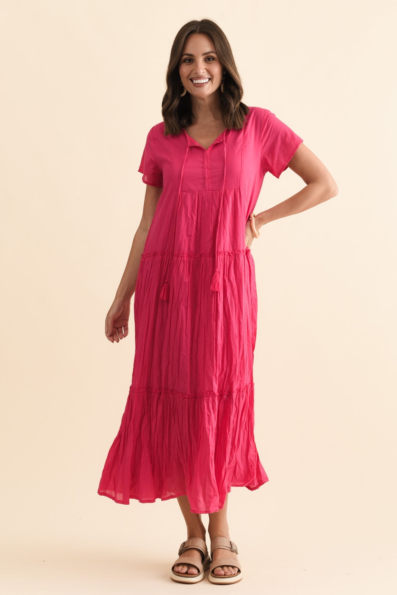 Nona Fuchsia Crinkle Cotton Maxi Dress
