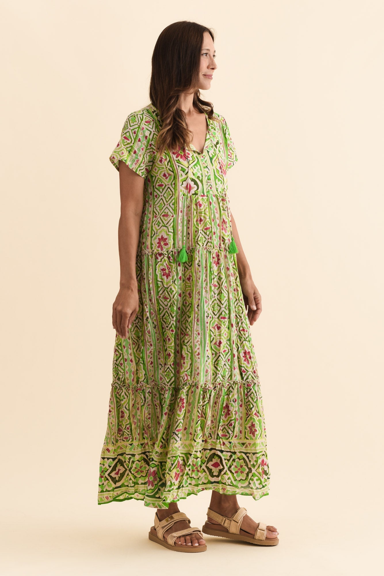 Nona Green Abstract Crinkle Cotton Maxi Dress
