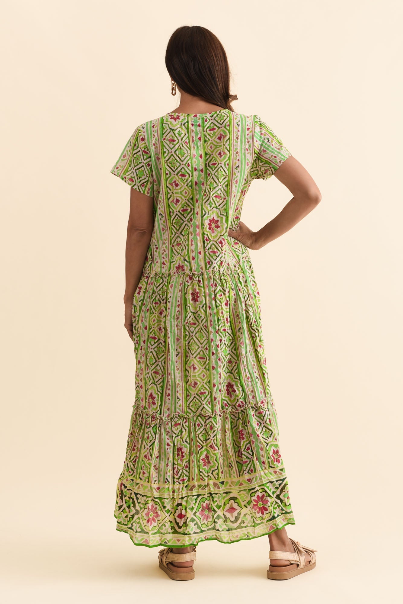Nona Green Abstract Crinkle Cotton Maxi Dress