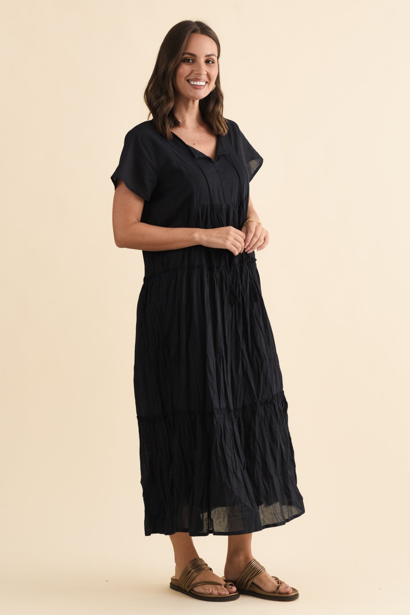 Nona Navy Crinkle Cotton Maxi Dress