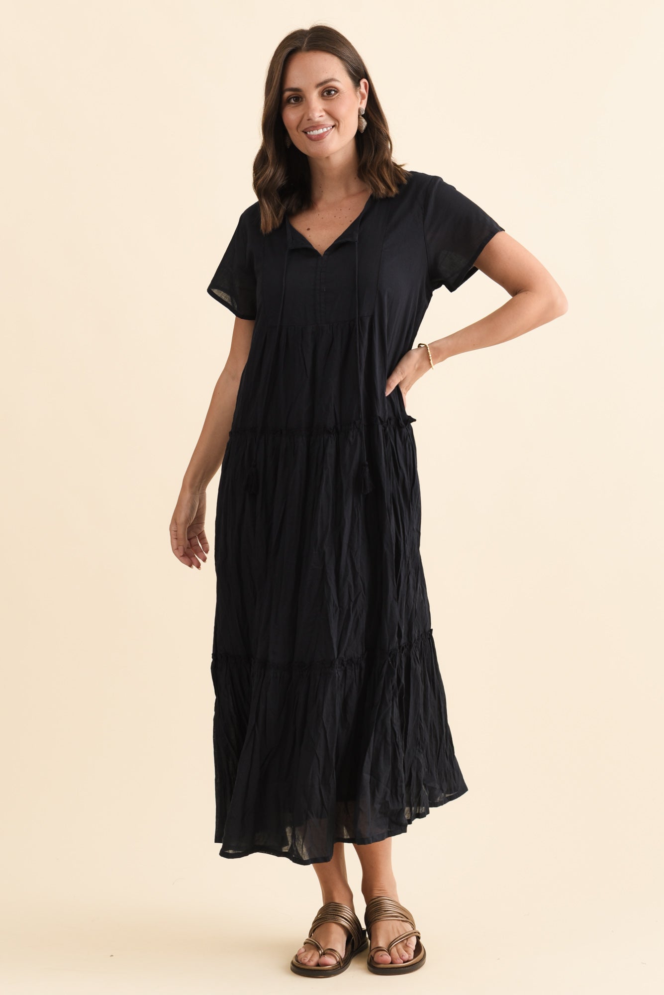 Nona Navy Crinkle Cotton Maxi Dress