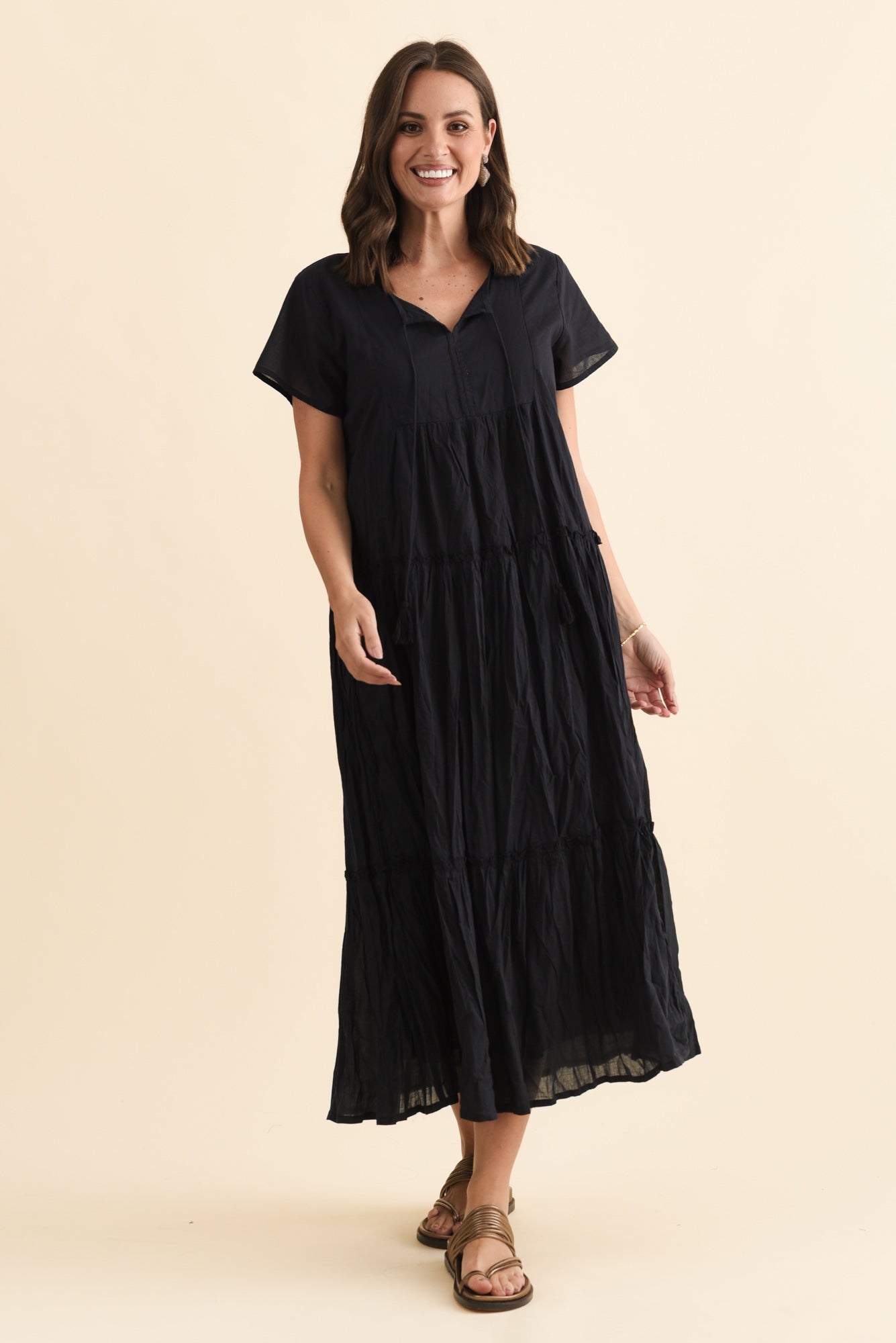 Nona Navy Crinkle Cotton Maxi Dress
